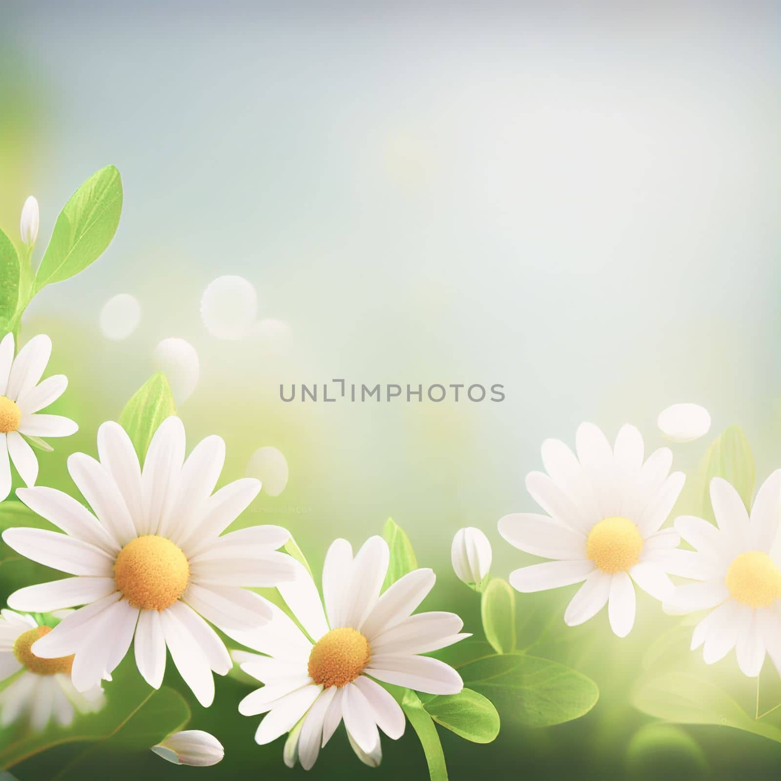 Sunny day background with daisies and leaves, copy space for your text