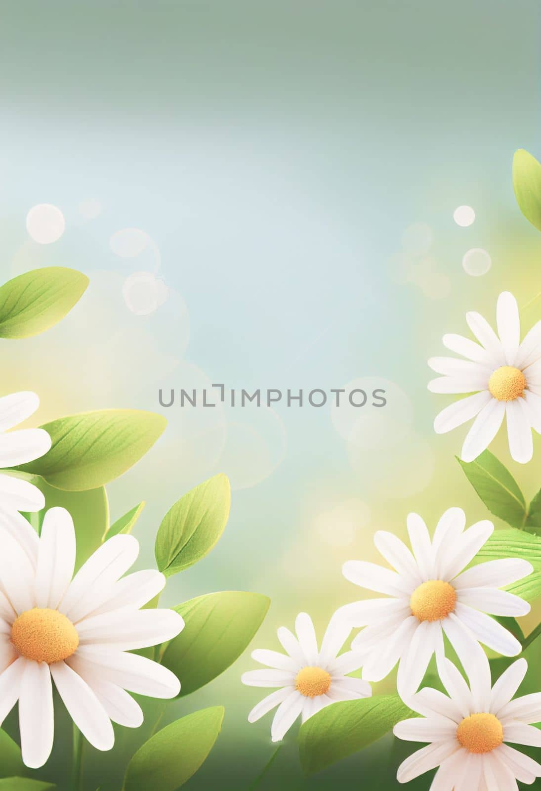 Sunny day background with daisies and leaves, copy space for your text