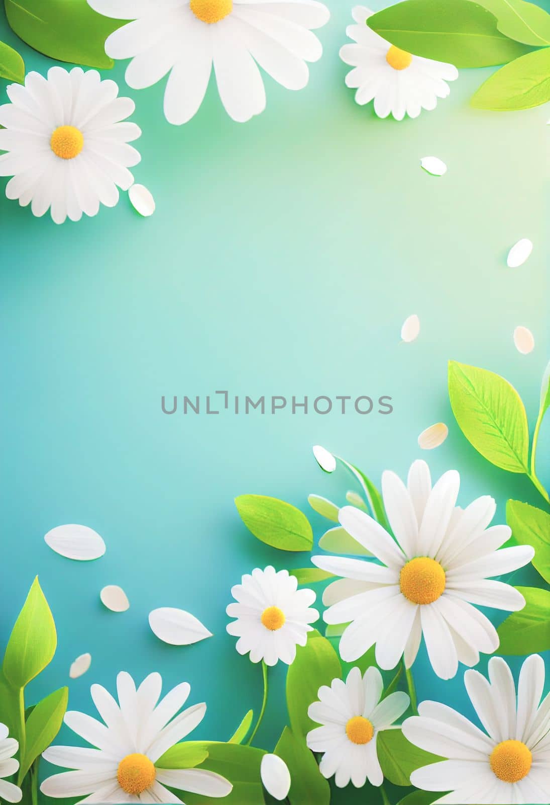 Sunny day background with daisies and leaves, copy space for your text