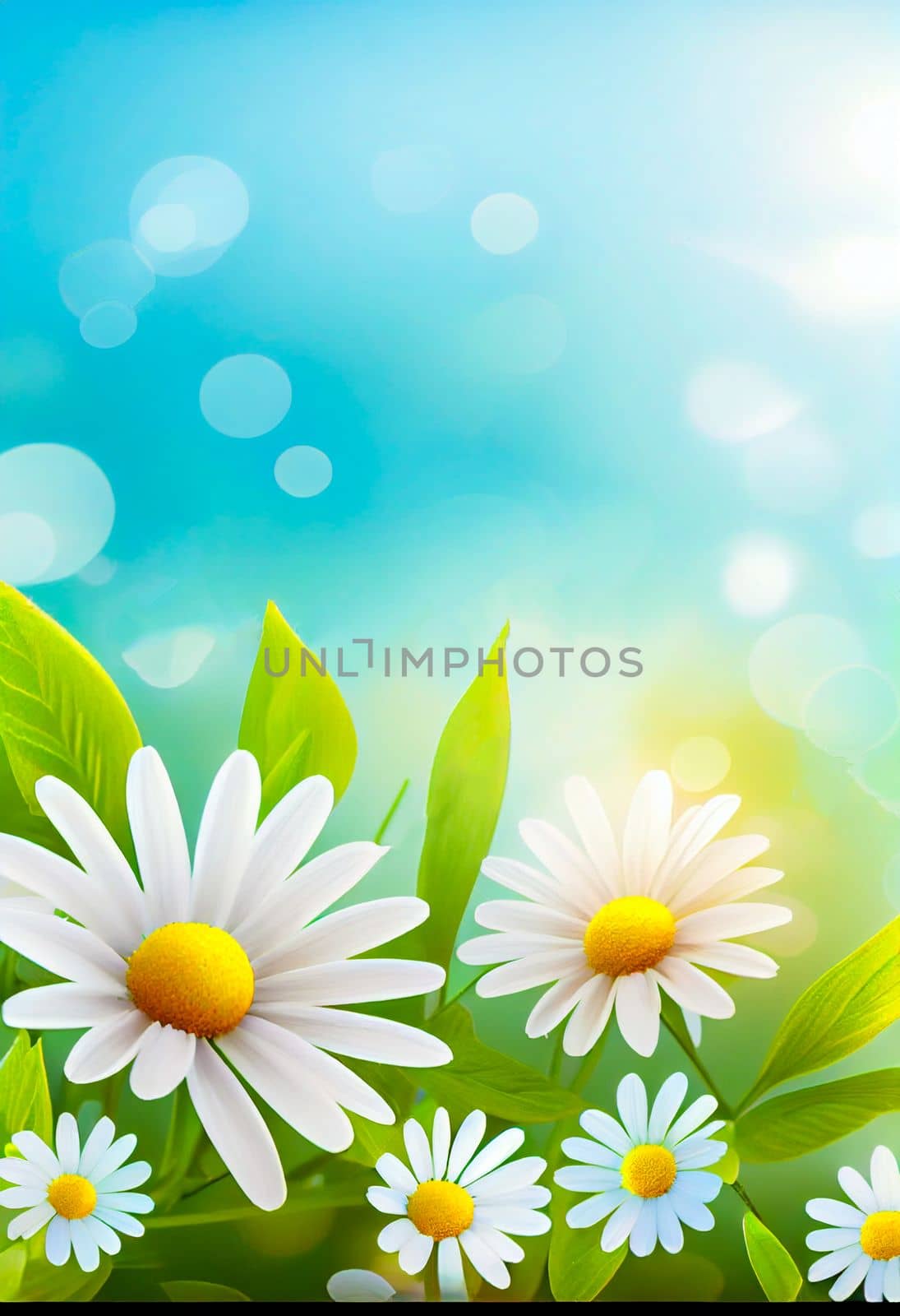 Sunny day background with daisies and leaves, copy space for your text