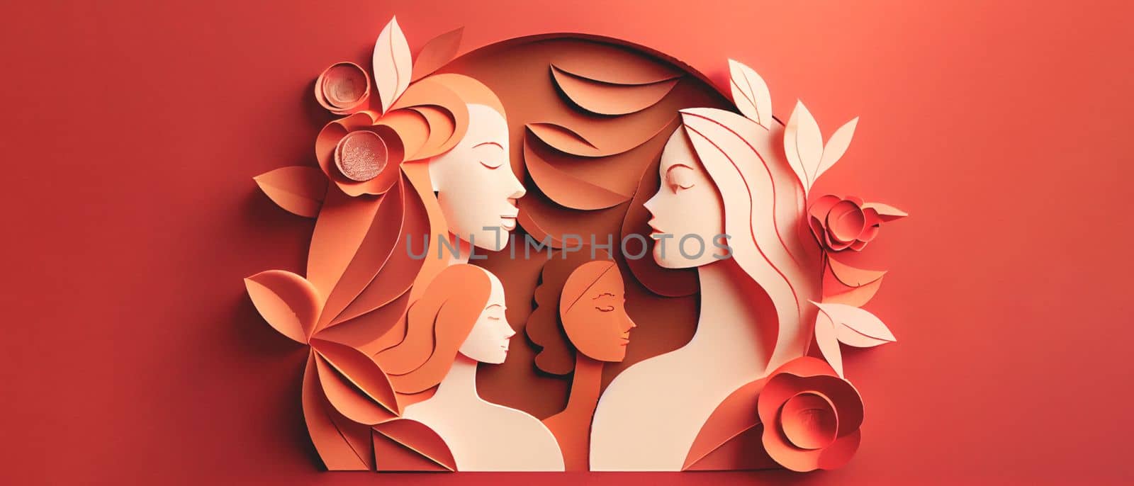 International Women's Day 8 march background with copy space. Woman Head Illustration from Side View Happy Women's Day. Template for UI, Web, Banner, or Greeting Card. Wide angle format banner