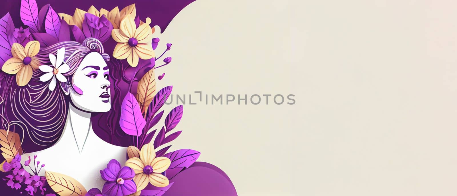 International Women's Day 8 march background with copy space. Woman Head Illustration from Side View Happy Women's Day. Template for UI, Web, Banner, or Greeting Card. Wide angle format banner