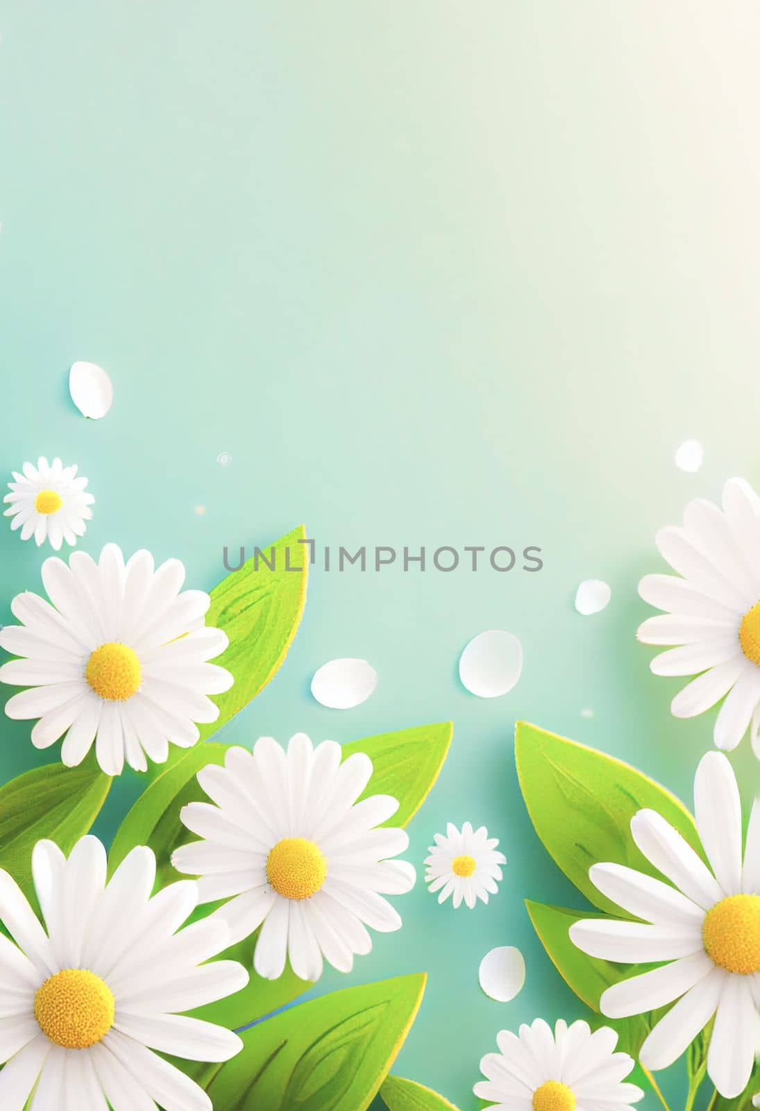 Sunny day background with daisies and leaves, copy space for your text. by FokasuArt