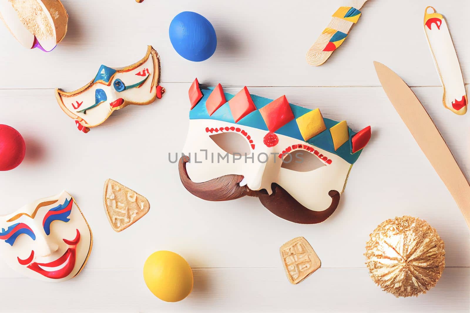 3D illustration of Purim celebration concept with Jewish carnival holiday over wooden white background. View from the top, flat lay