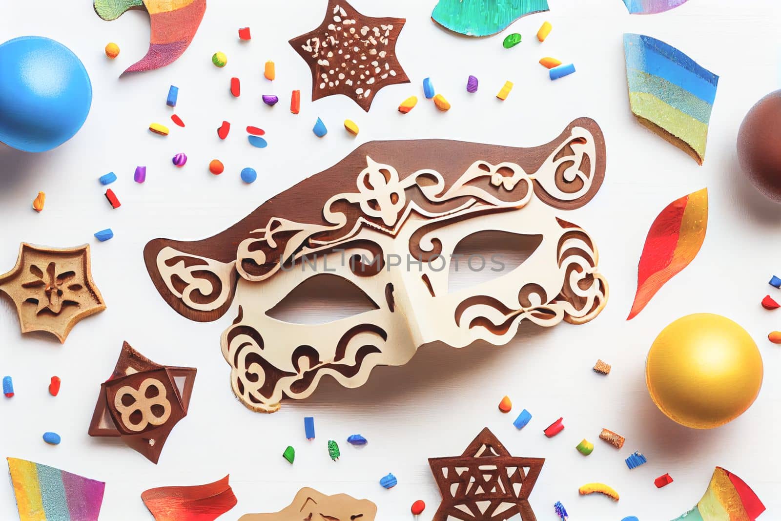 3D illustration of Purim celebration concept with Jewish carnival holiday over wooden white background. View from the top, flat lay