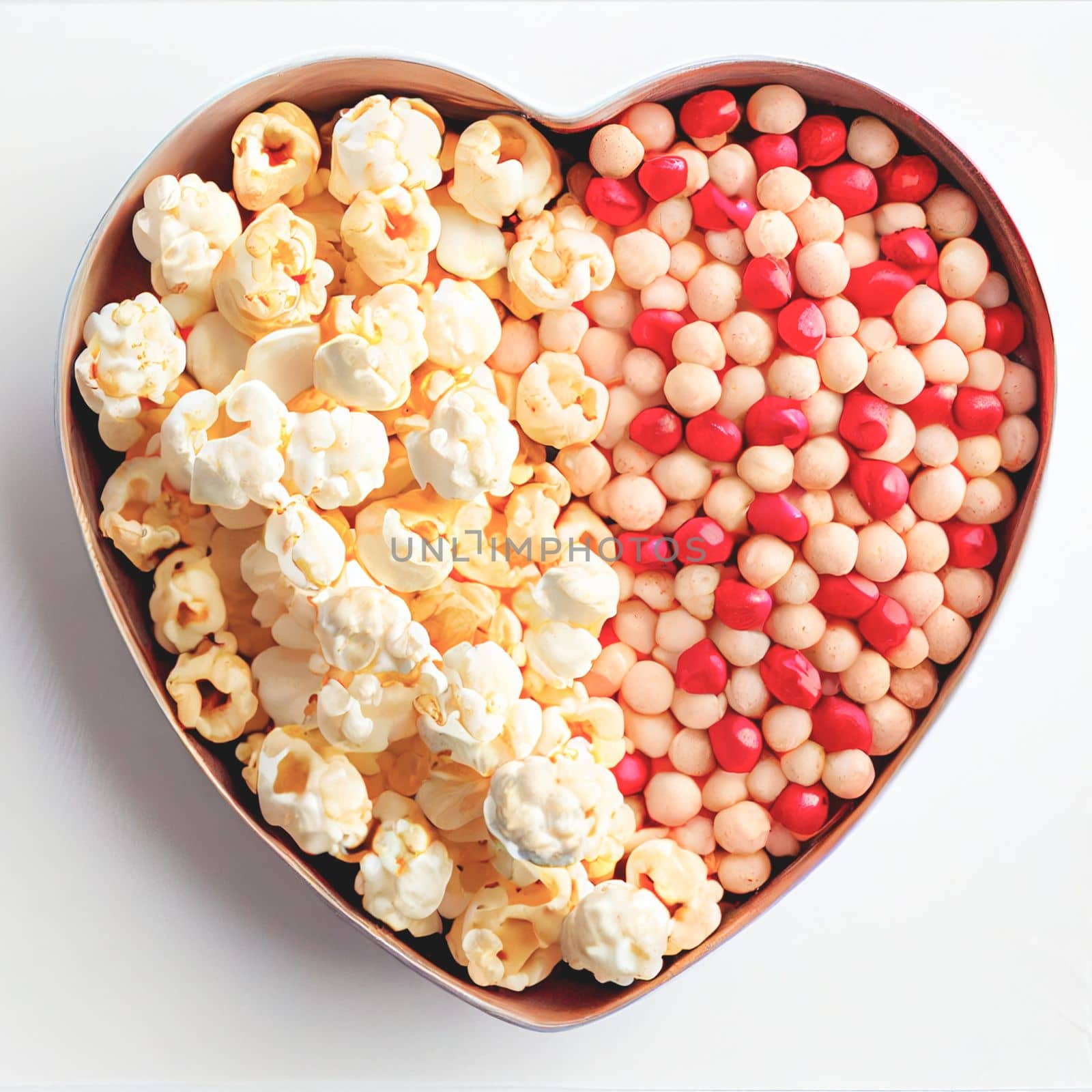 Close up shot of Gourmet Popcorn for Valentine's Day background with copy space. Gift ideas. Design for Valentine's Day festive banner.