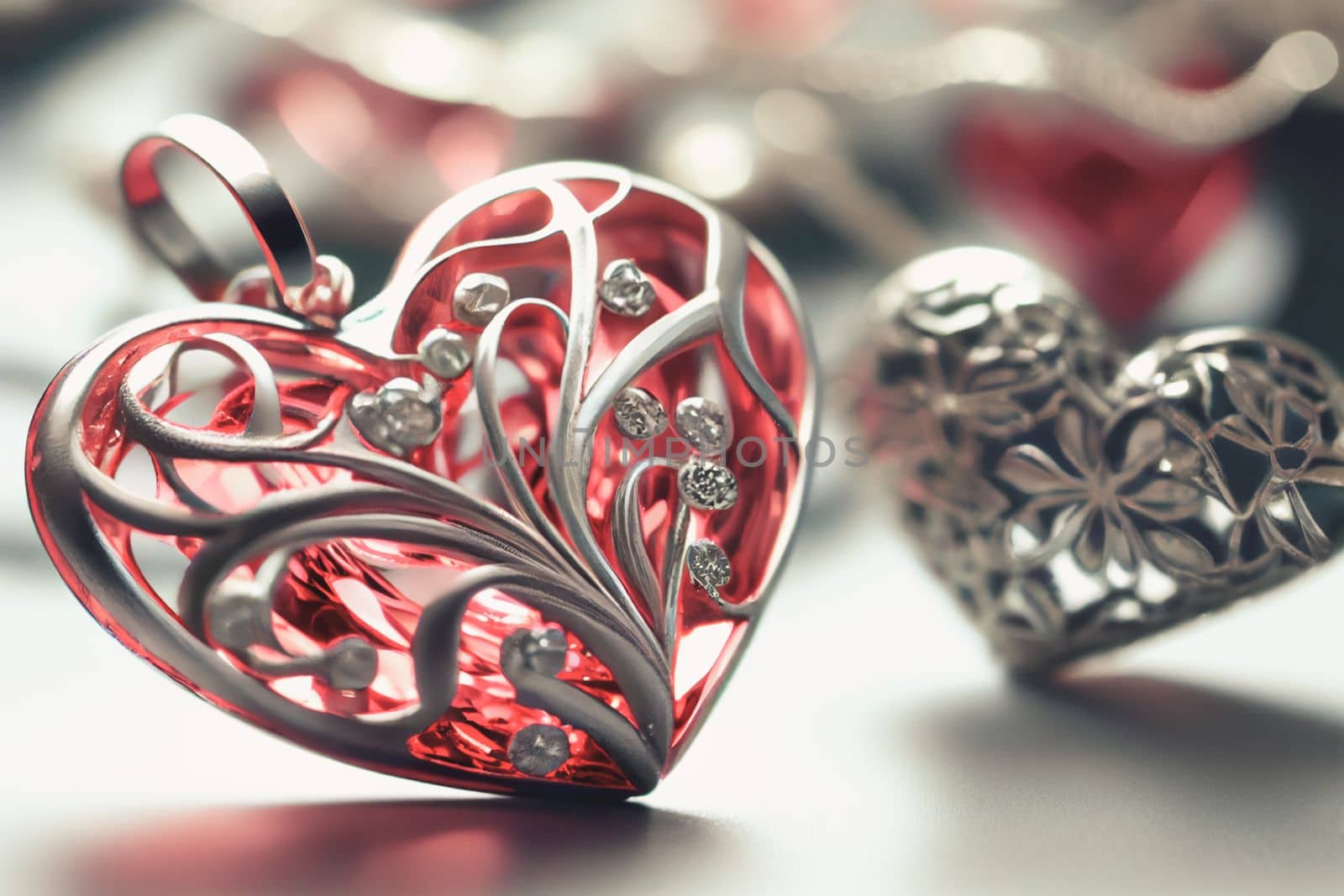 Close up shot of heart jewelry for Valentine's Day background with copy space. Gift ideas. Design for Valentine's Day festive banner.