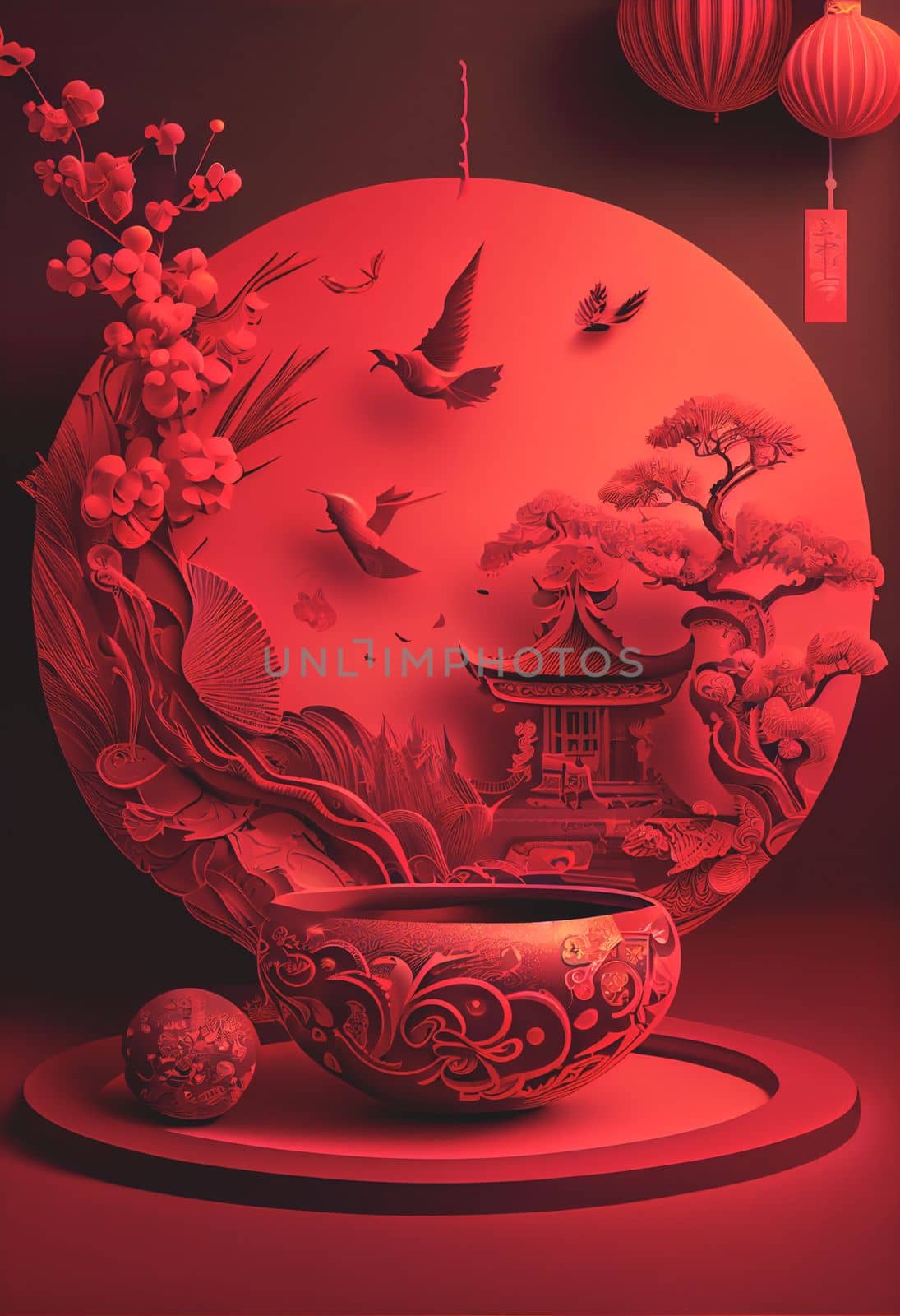 Chinese New Year Festival with red tone color background. 3D illustration