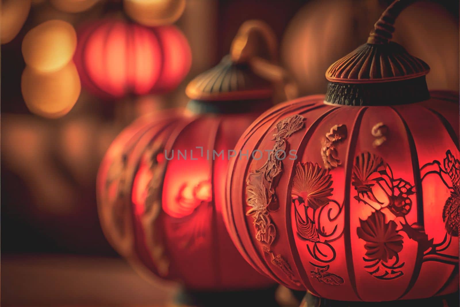 Red Lantern Chinese New Year Festival in red theme background. 3D illustration by FokasuArt