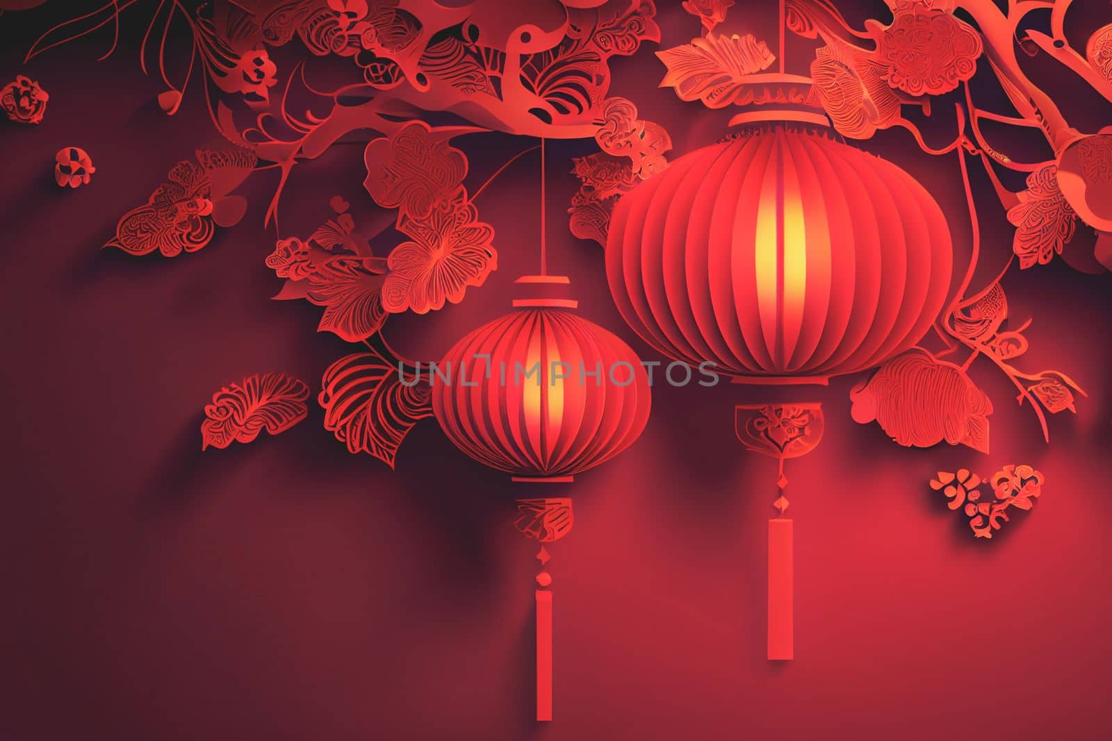Red Lantern Chinese New Year Festival in red theme background. 3D illustration by FokasuArt