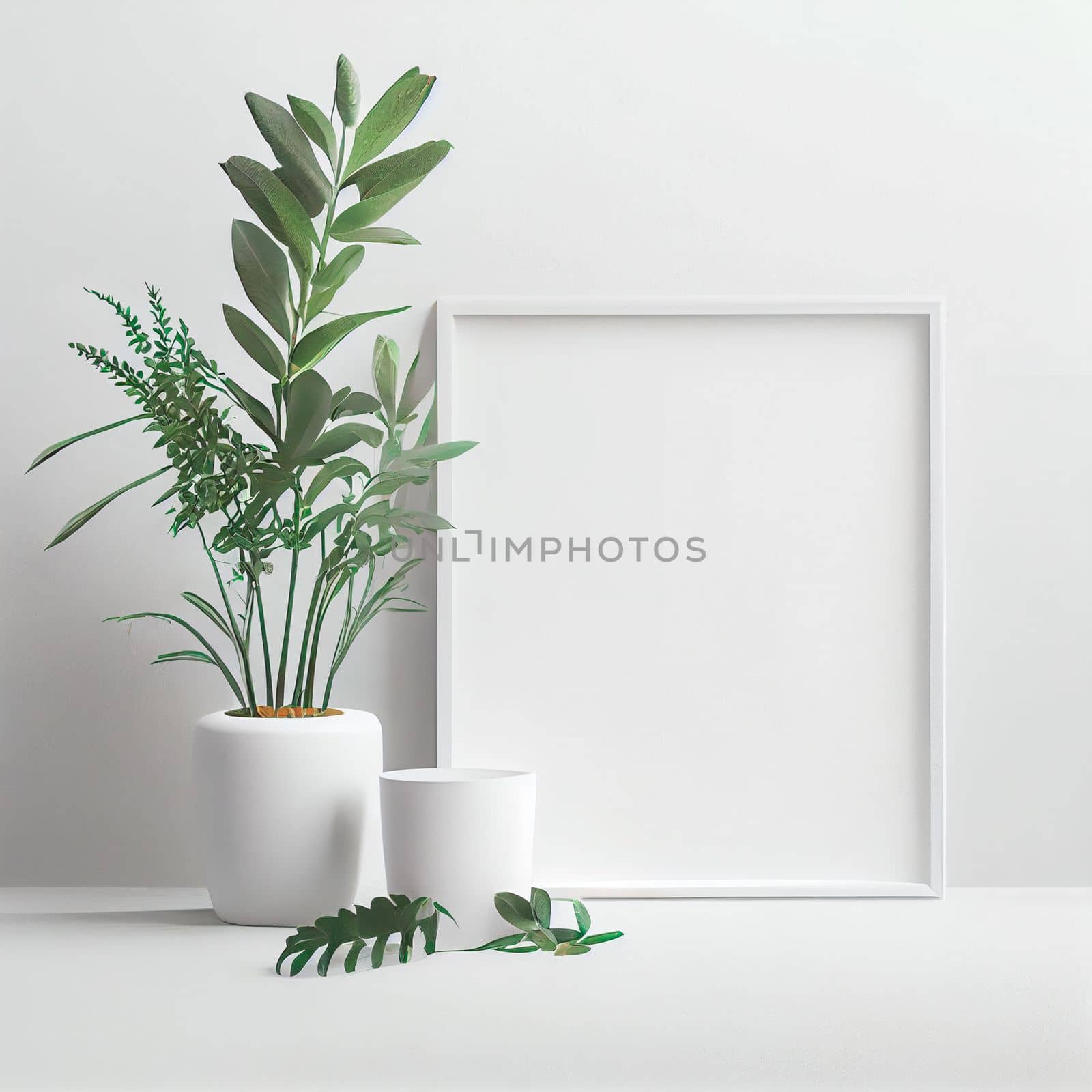 Mockup of empty frame displayed inside room interior with white wall background and plant pot nearby. 3D Rendering