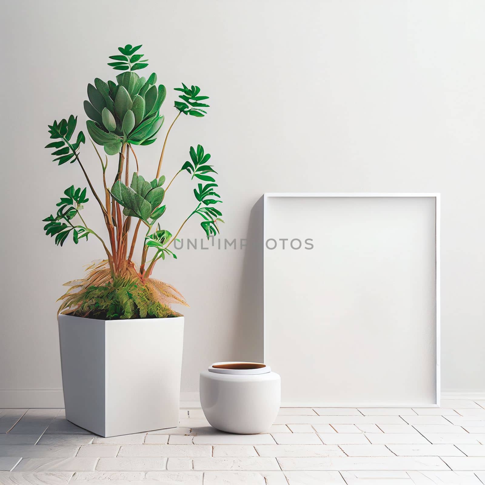 Mockup of empty frame displayed inside room interior with white wall background and plant pot nearby by FokasuArt