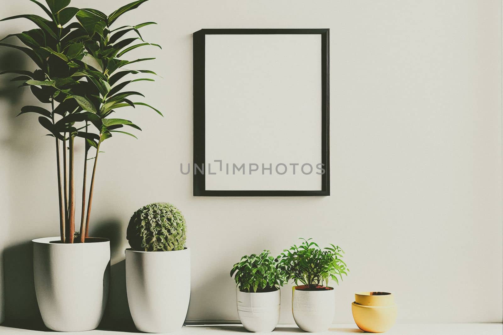 Mockup of empty frame displayed inside room interior with white wall background and plant pot nearby. 3D Rendering