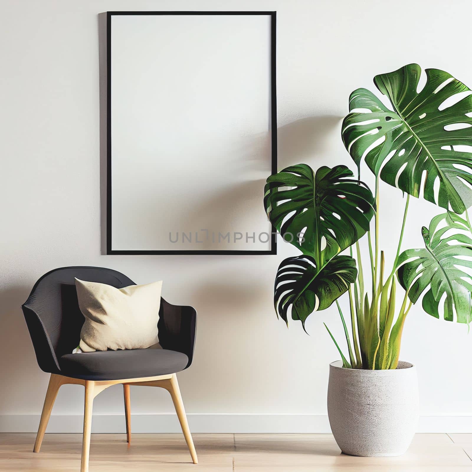 Mockup of empty frame displayed inside room interior with white wall background and monstera plant pot nearby by FokasuArt