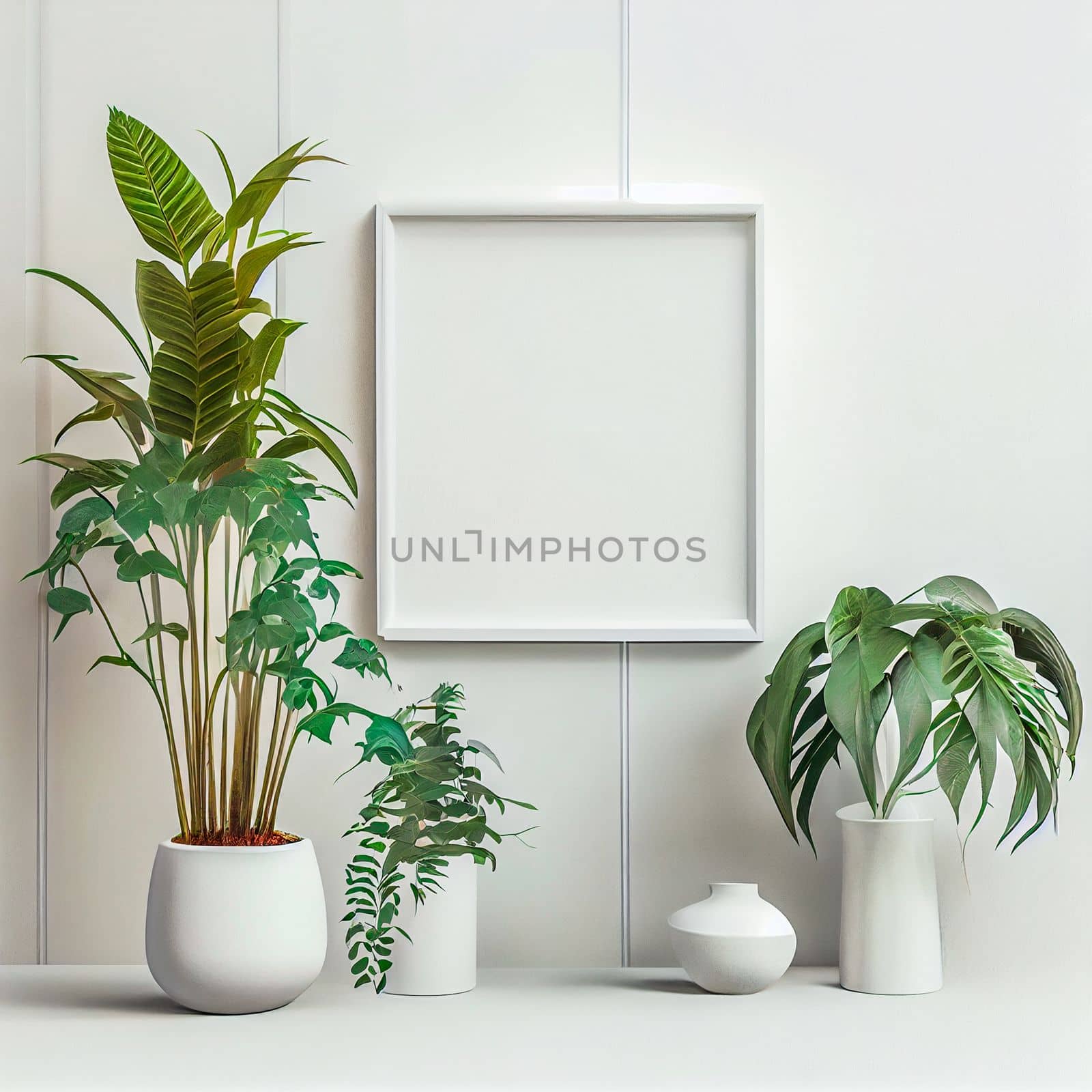 Mockup of empty frame displayed inside room interior with white wall background and plant pot nearby. 3D Rendering