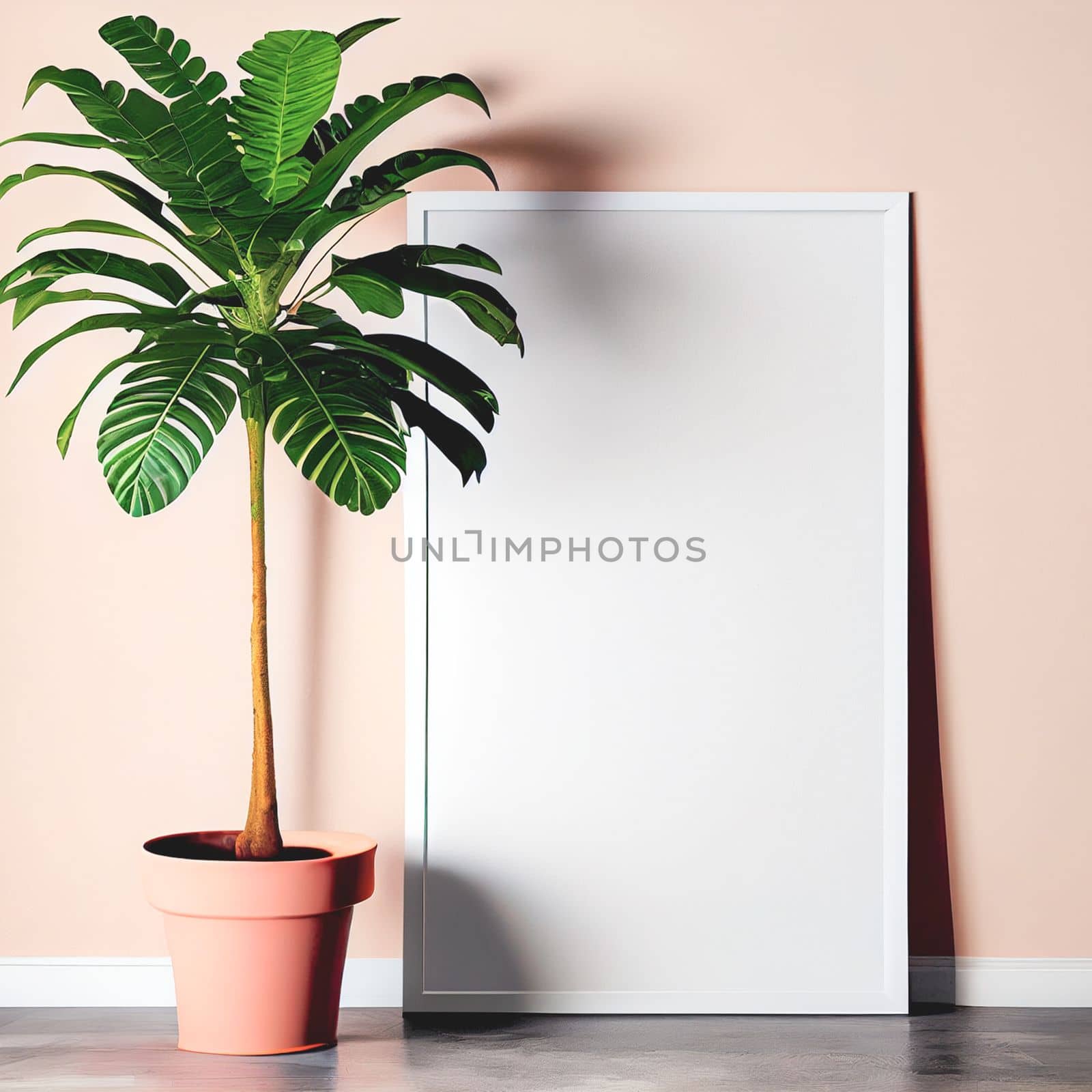 Mockup of empty frame displayed inside room interior with pastel wall background and plant pot nearby. 3D Rendering