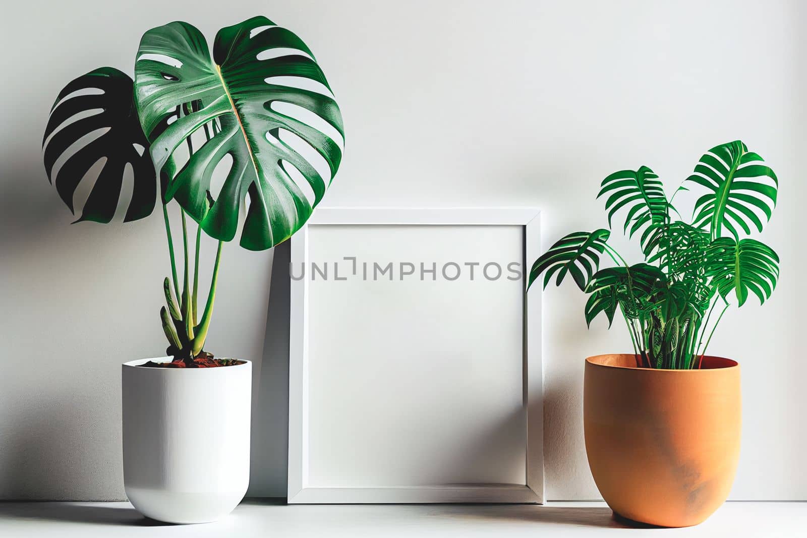 Mockup of empty frame displayed inside room interior with white wall background and monstera plant pot nearby by FokasuArt