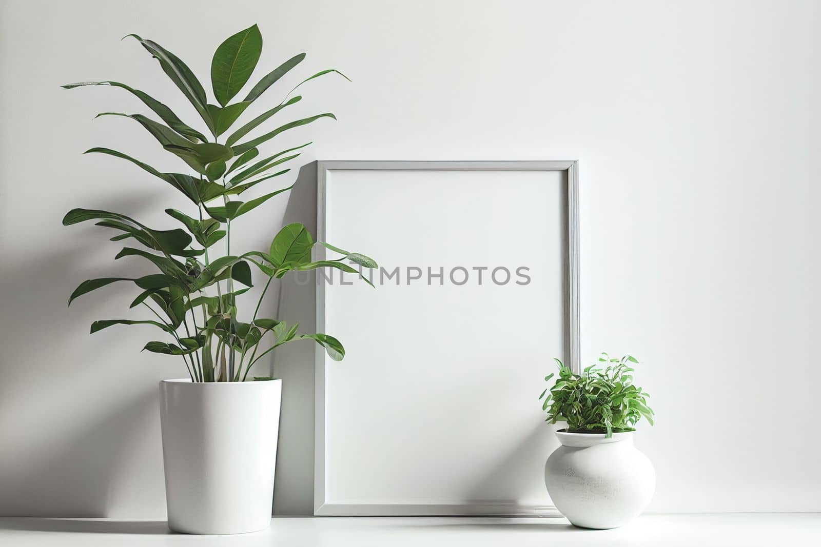 Mockup of empty frame displayed inside room interior with white wall background and plant pot nearby. 3D Rendering