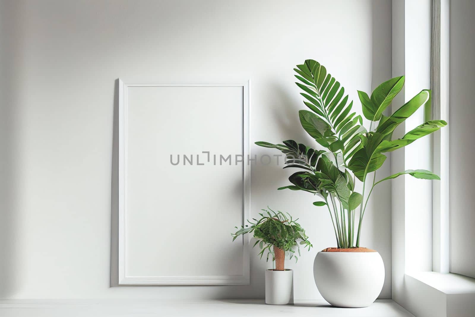 Mockup of empty frame displayed inside room interior with white wall background and plant pot nearby by FokasuArt