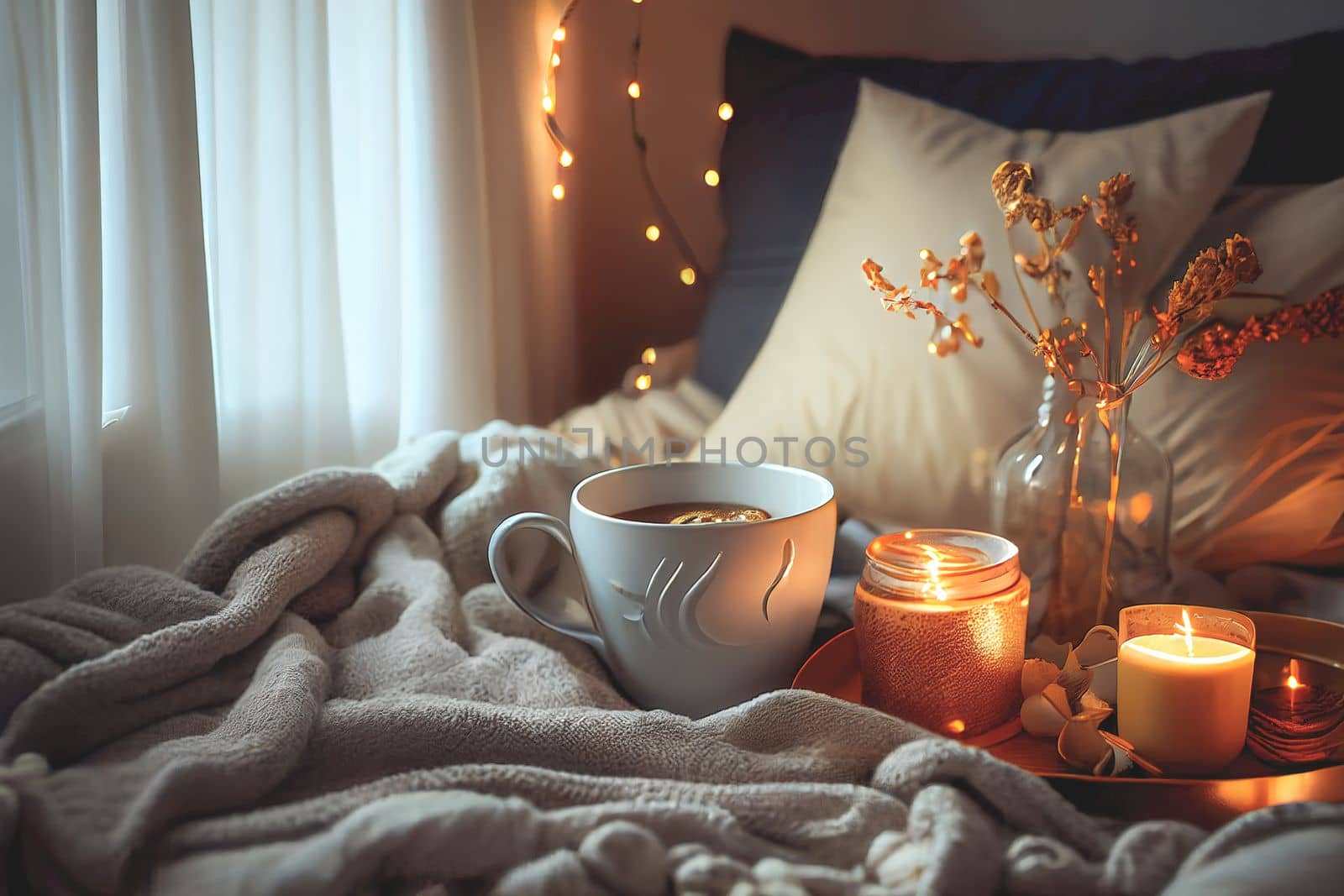 Cozy winter morning scene with hot coffee, blanket, candle lights, and heather and lavender flowers. Swedish concept of hygge is perfectly with copy space available for your own text.