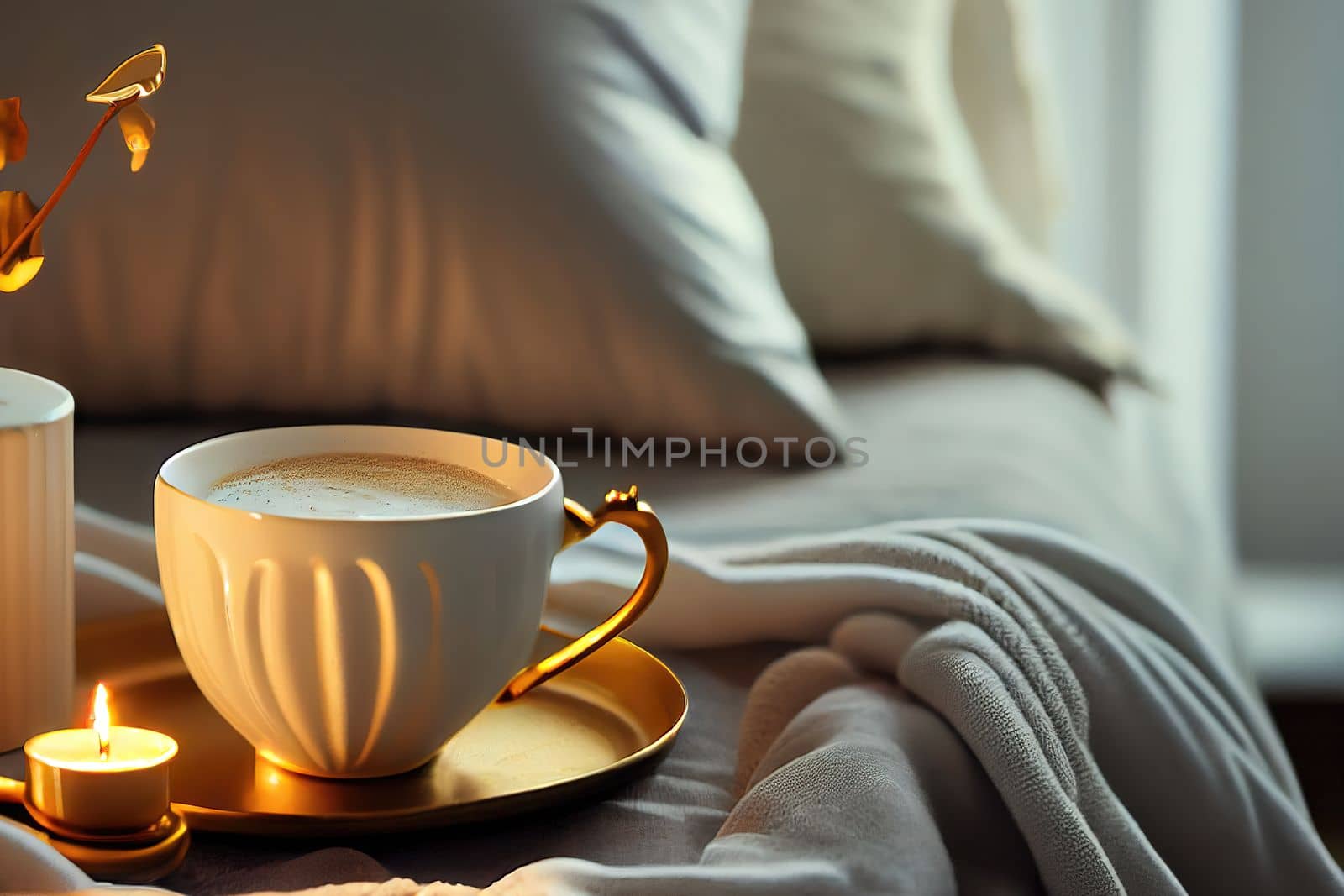 Cozy winter morning scene with hot coffee, blanket, candle lights, and heather and lavender flowers. Swedish concept of hygge is perfectly with copy space available for your own text.