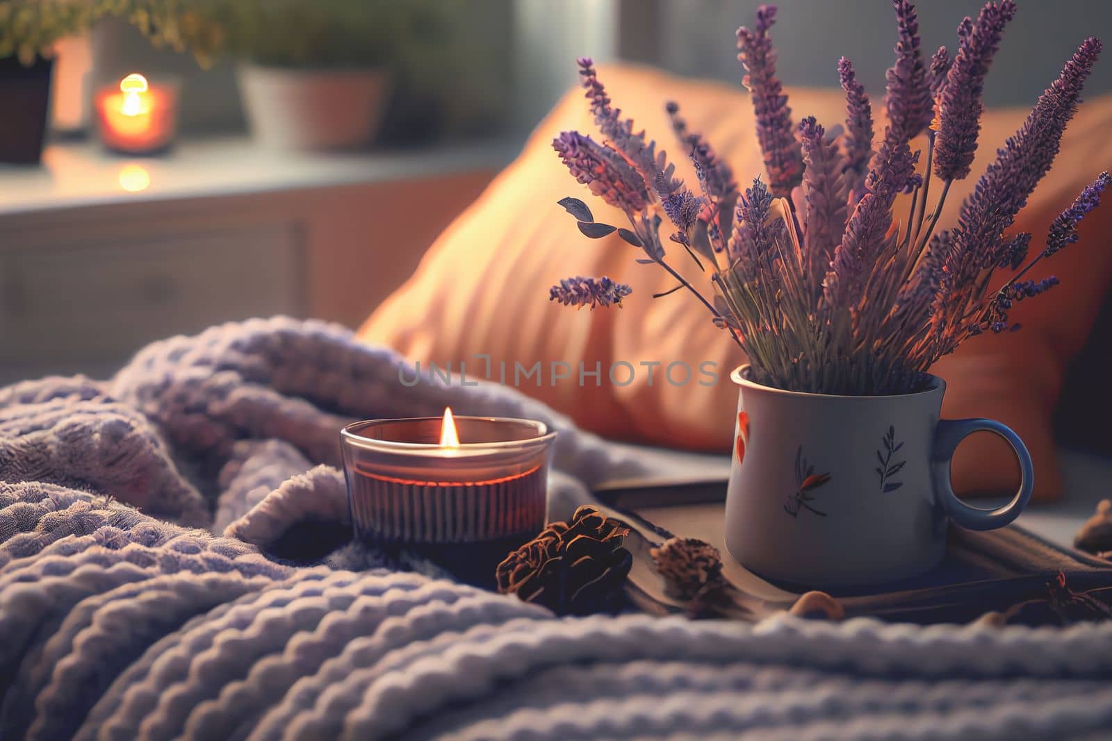 Cozy winter morning scene with hot coffee, blanket, candle lights, and heather and lavender flowers. Swedish concept of hygge is perfectly with copy space available for your own text.