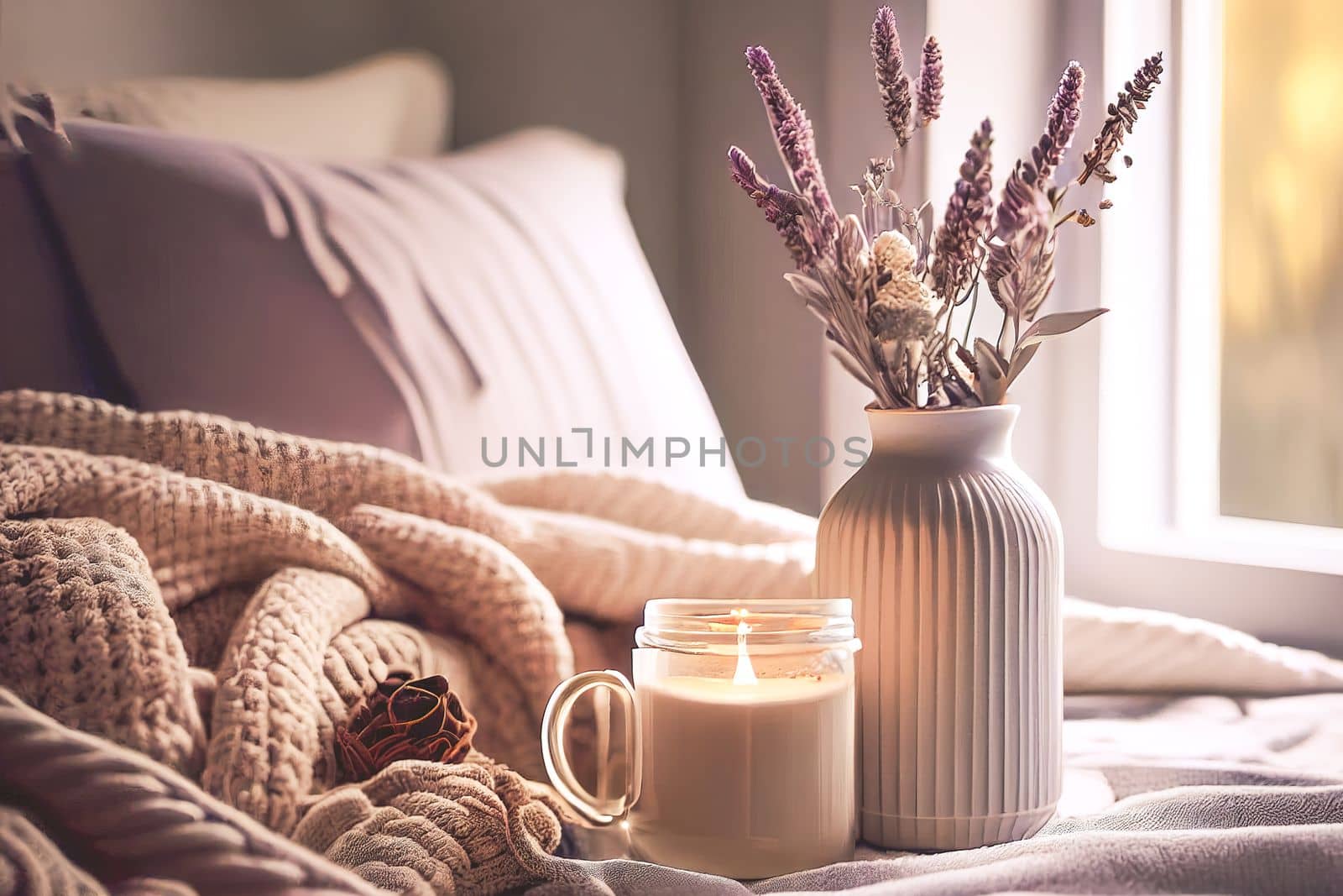 Cozy winter morning at home with hot coffee, warm blanket, candle lights, heather lavender flowers by FokasuArt