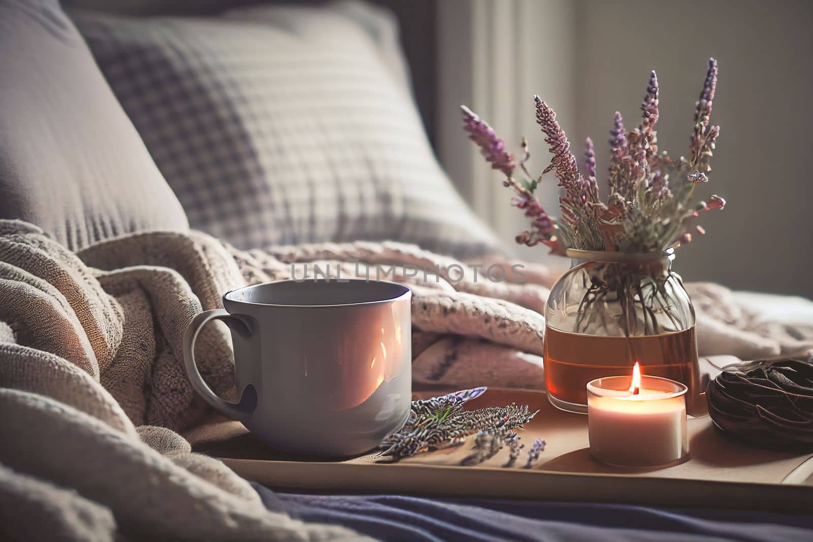 Cozy winter morning at home with hot coffee, warm blanket, candle lights, heather lavender flowers by FokasuArt