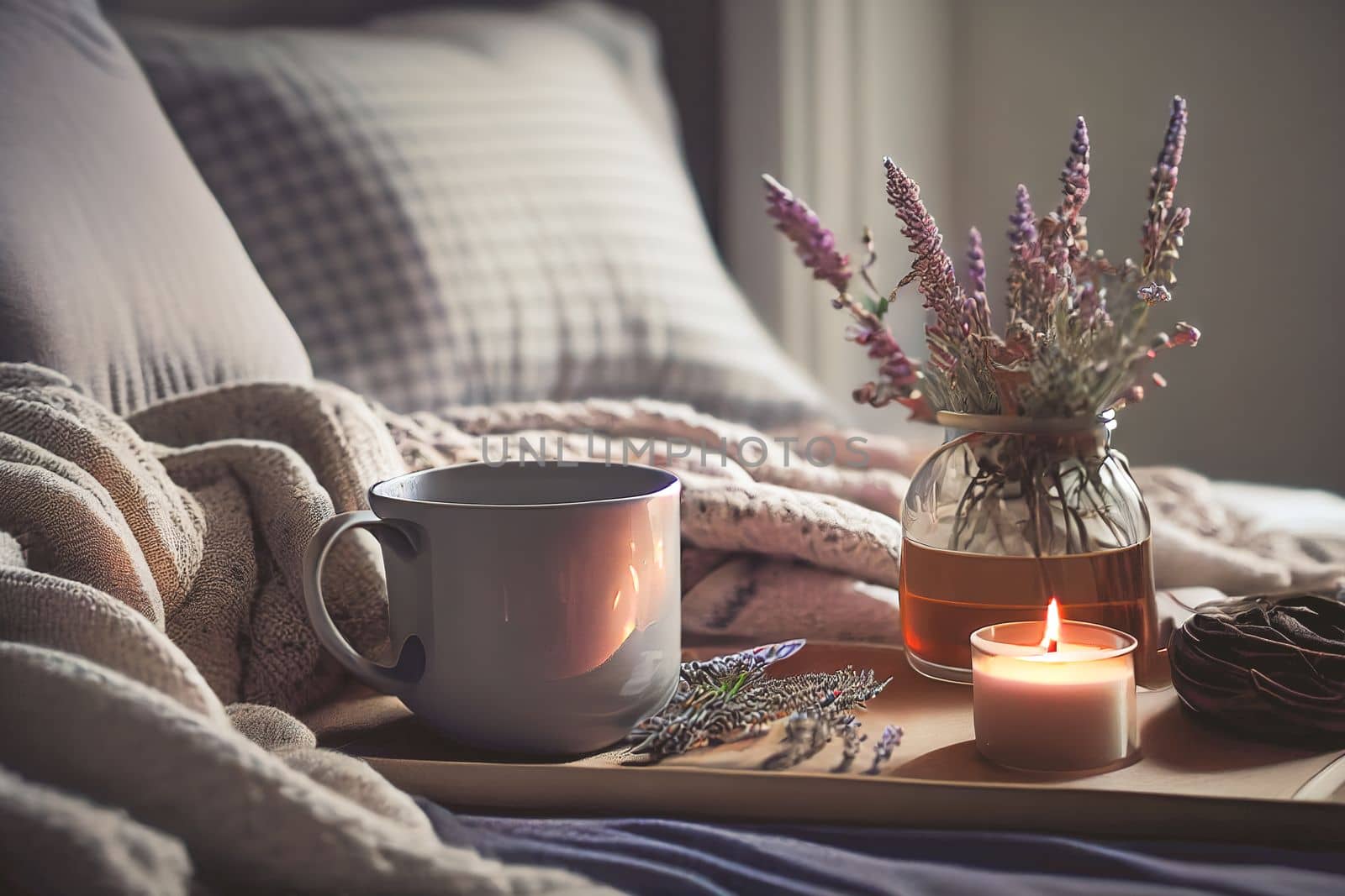 Cozy winter morning scene with hot coffee, blanket, candle lights, and heather and lavender flowers. Swedish concept of hygge is perfectly with copy space available for your own text.