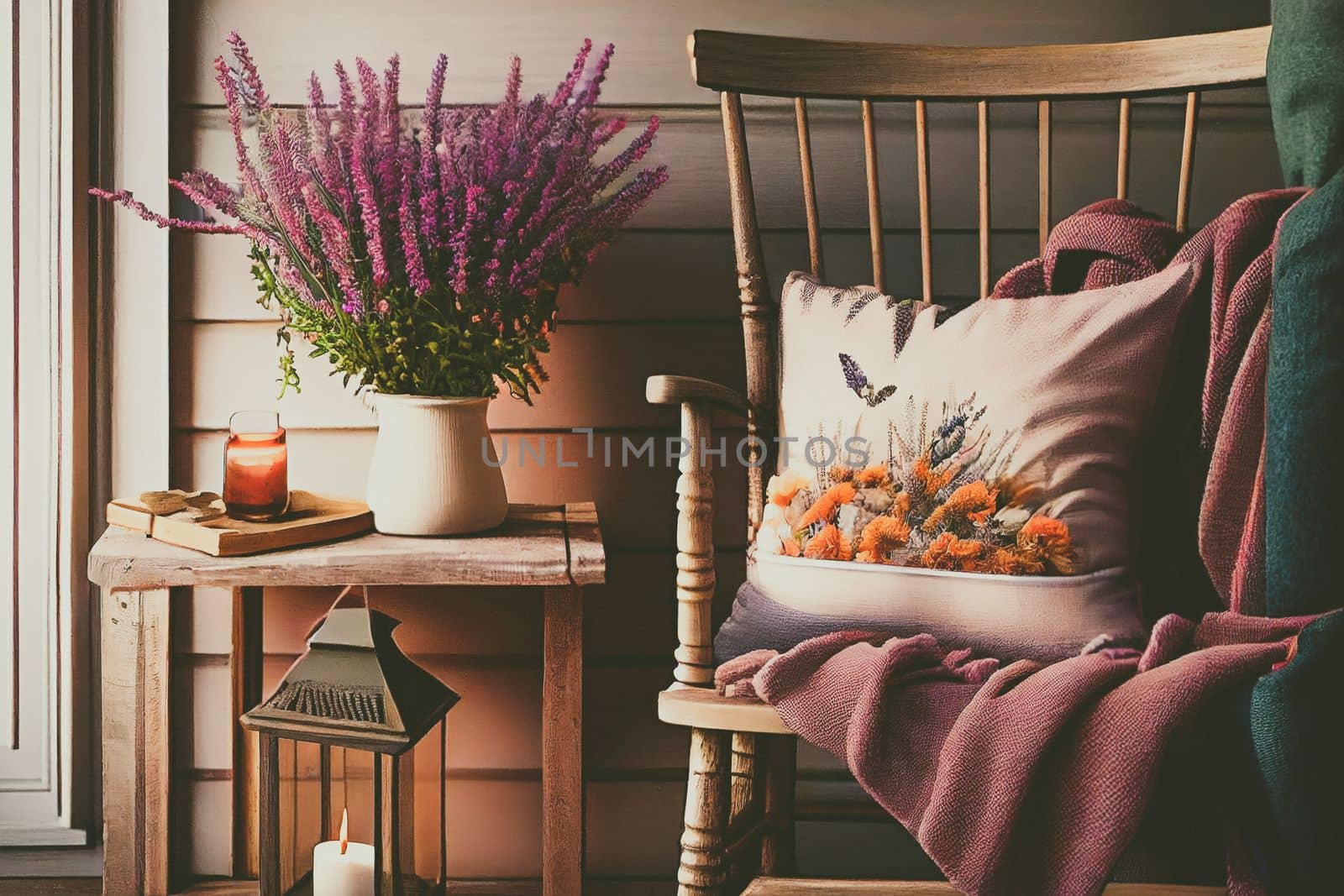 Cozy winter morning at home with hot coffee, warm blanket, candle lights, heather lavender flowers by FokasuArt