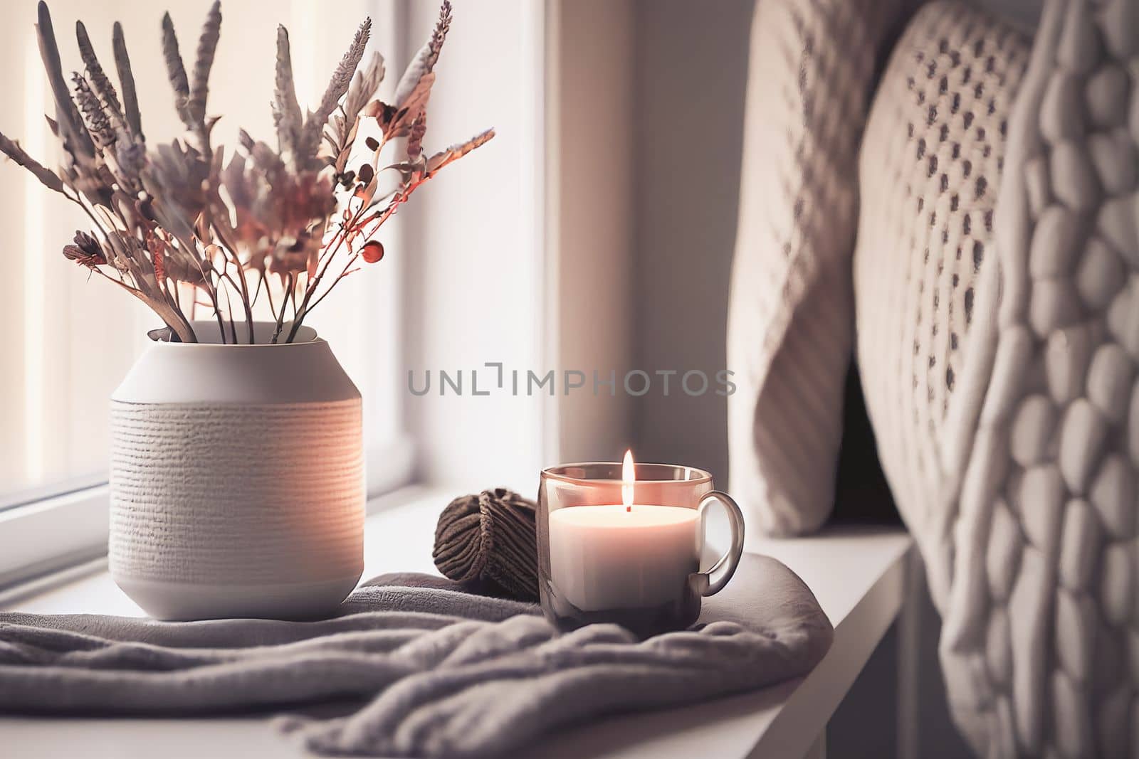 Cozy winter morning scene with hot coffee, blanket, candle lights, and heather and lavender flowers. Swedish concept of hygge is perfectly with copy space available for your own text.