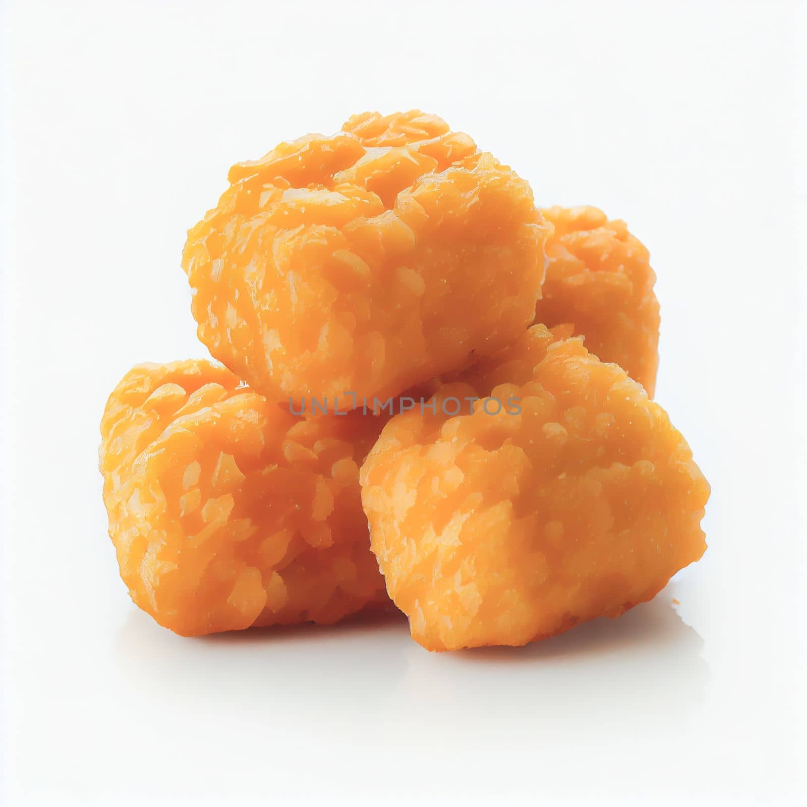 Close up shot of Tater Tots isolated on white background. American dishes collection of recipes popular in USA. These comfort foods are popular at picnics, barbecues, and sporting events.