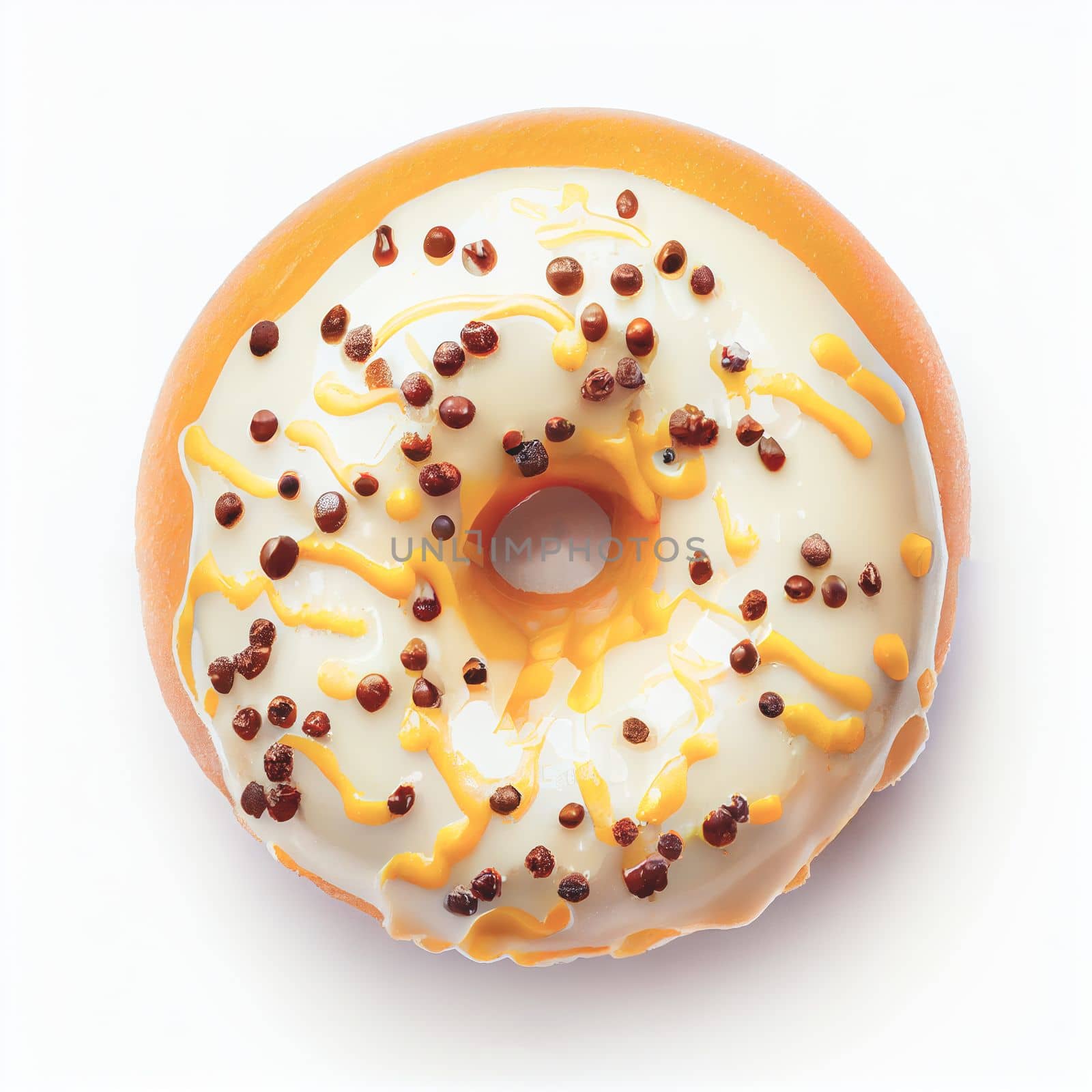 Close up shot of top view Donut isolated on white background. American dishes collection of recipes popular in USA. These comfort foods are popular at picnics, barbecues, and sporting events.