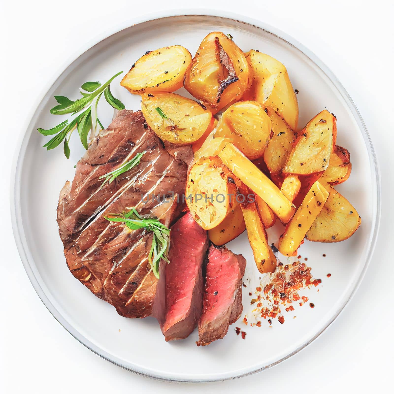 Close up shot of top view grilled beef steak and potatoes isolated on white background. American dishes collection of recipes popular in USA. These comfort foods are popular at picnics, barbecues, and sporting events.