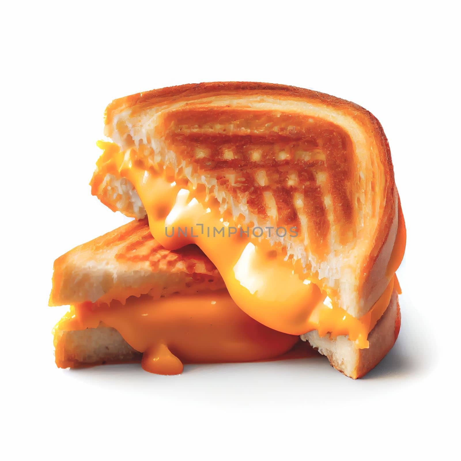 Close up shot of top view grilled cheese sandwich isolated on white background. American dishes collection of recipes popular in USA. These comfort foods are popular at picnics, barbecues, and sporting events.