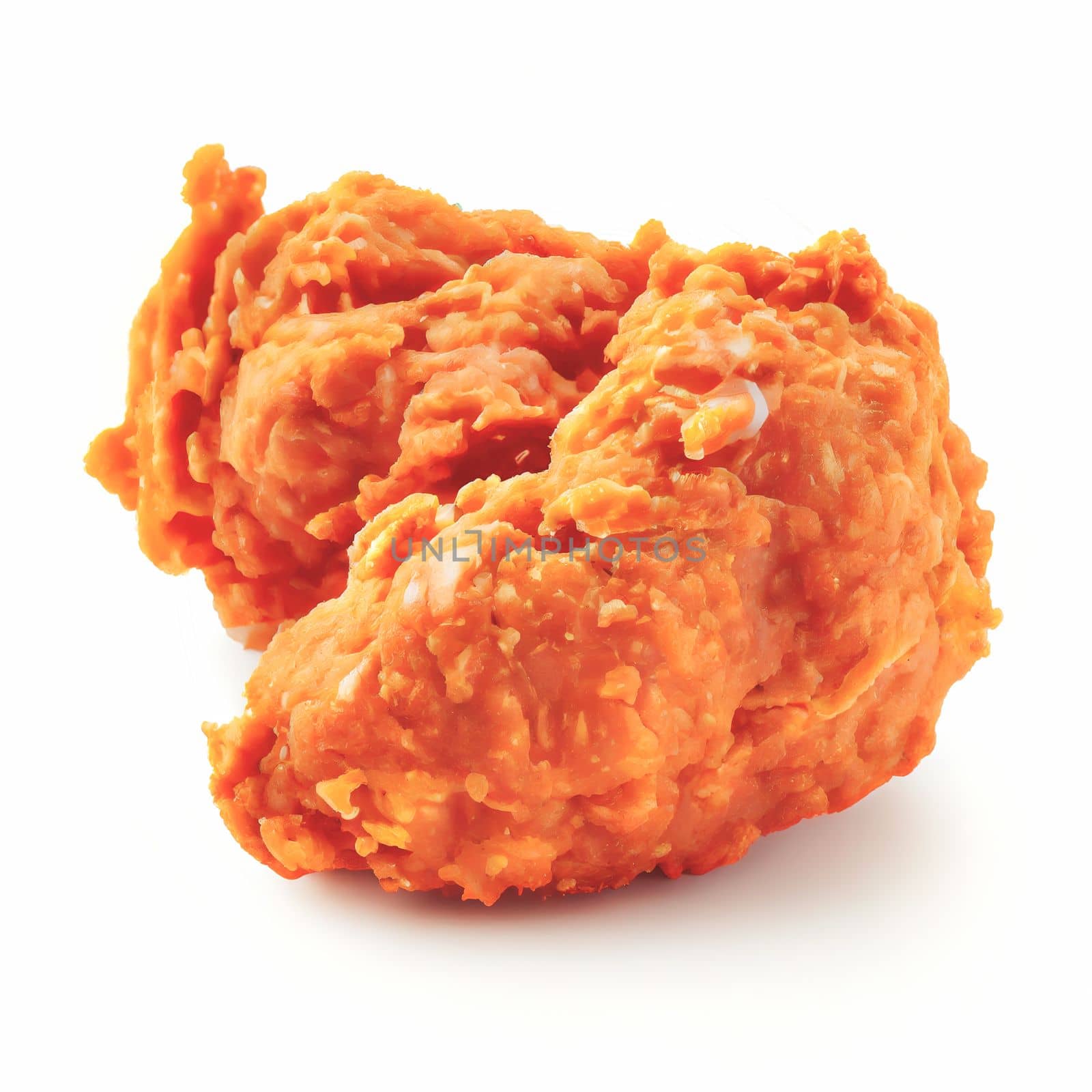 Close up shot of top view Fried Chicken isolated on white background. American dishes collection of recipes popular in USA. These comfort foods are popular at picnics, barbecues, and sporting events.