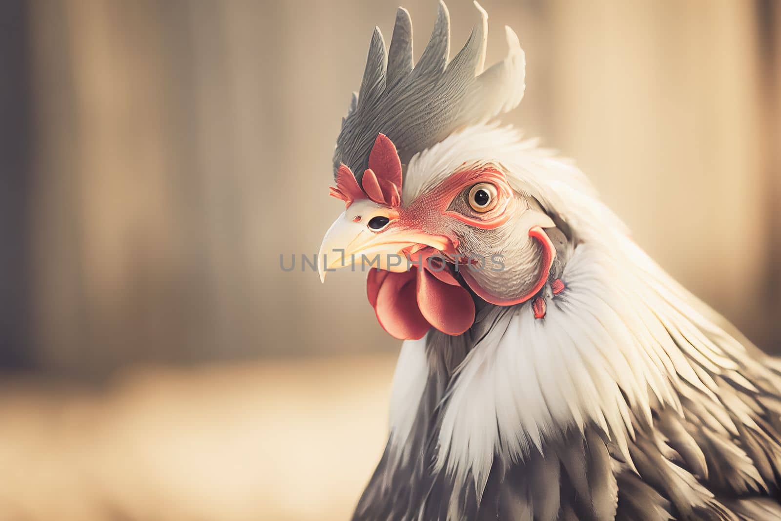 Close up of a chicken on a farm, set against natural background. Perfect for showcasing the simplicity and rustic charm of country life.