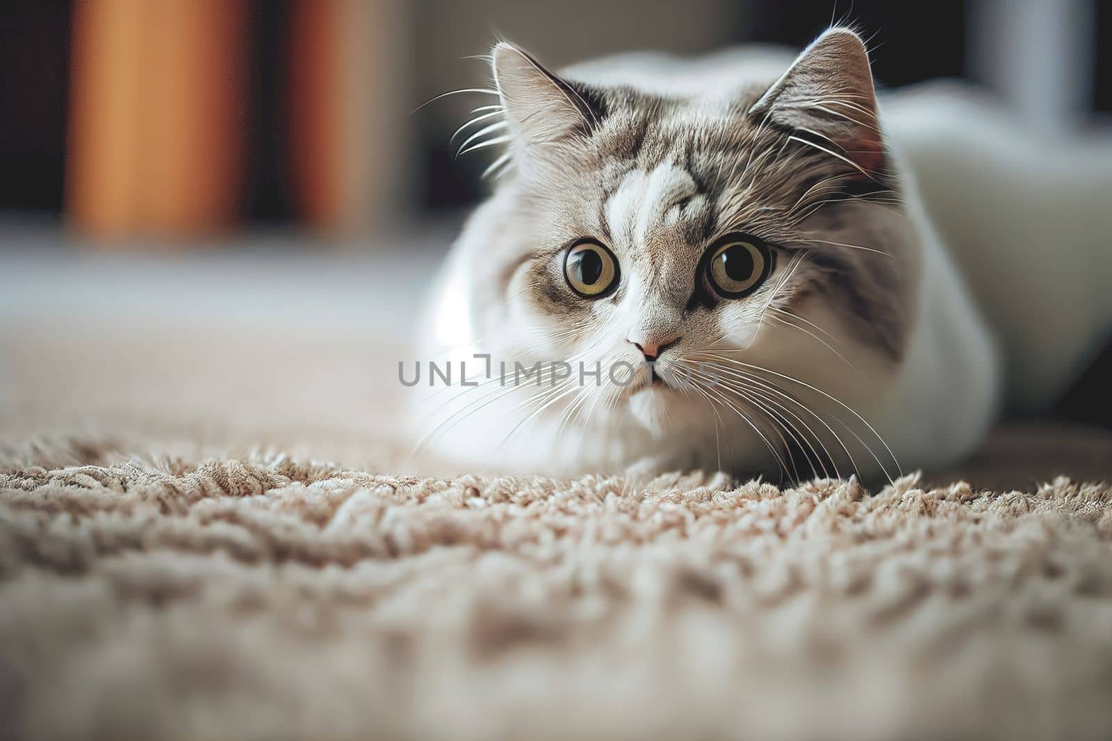 Close up of a cozy cat lounging on a carpet, set against a white-toned living room background. Perfect for home and interior designs.