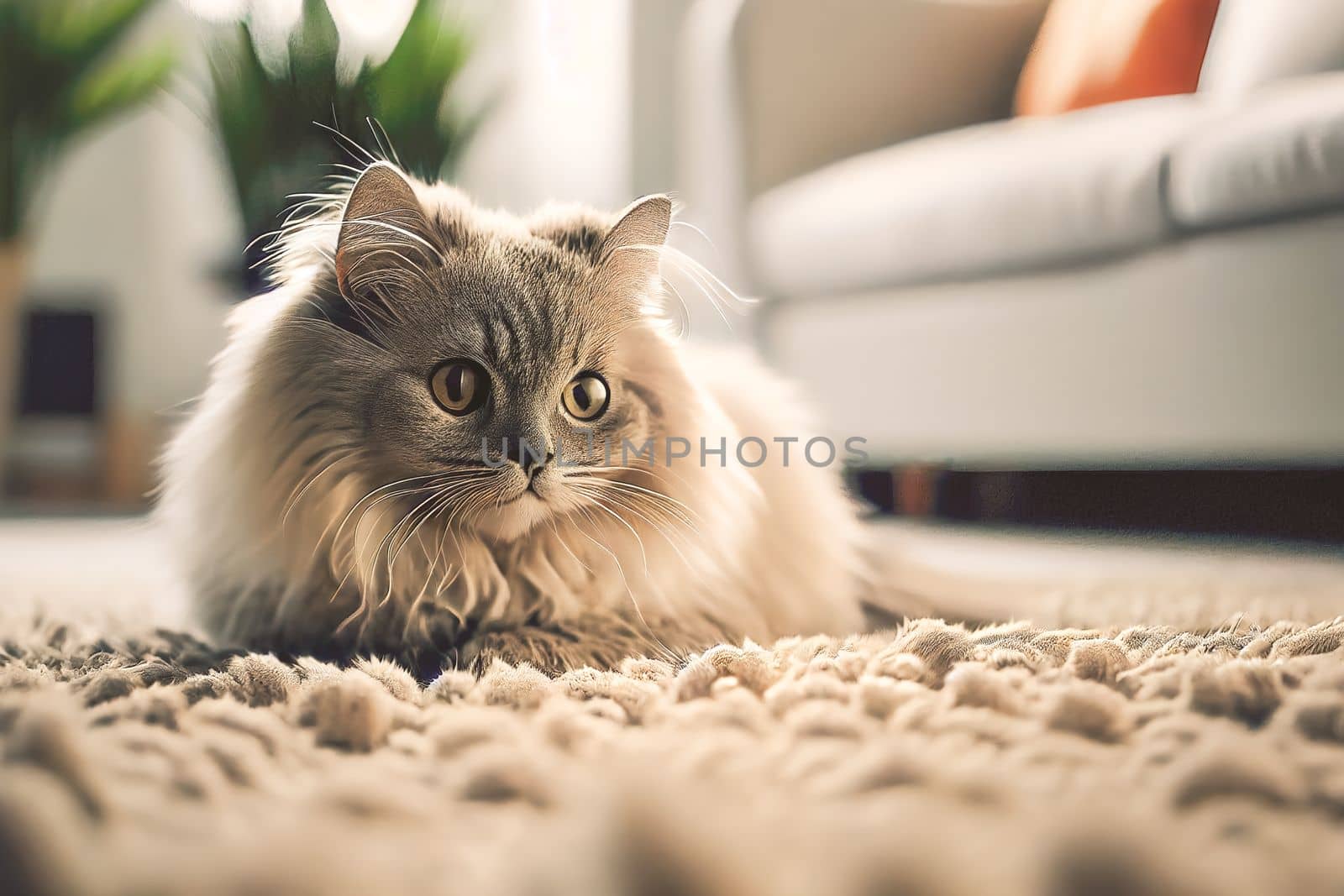 Close up of a cozy cat lounging on a carpet, set against a white-toned living room background. Perfect for home and interior designs.