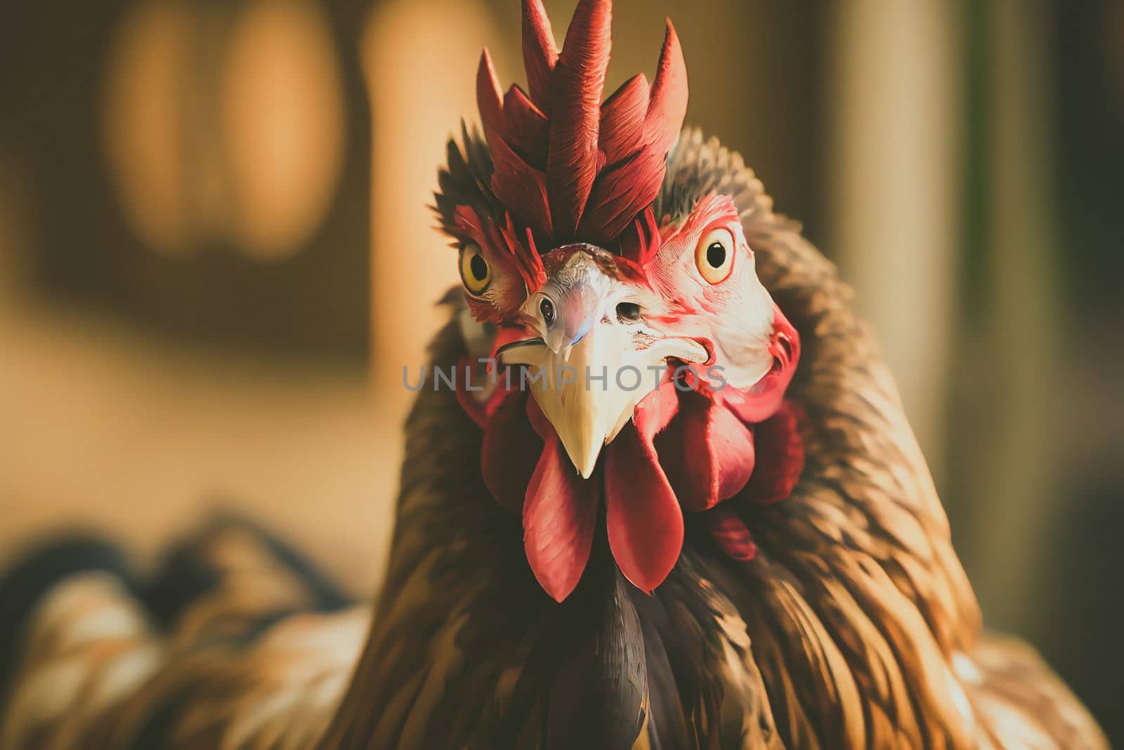 Close up of a chicken on a farm, set against natural background. by FokasuArt