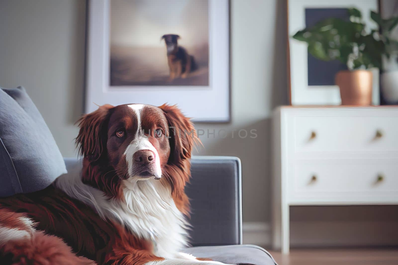 Close up of a friendly dog lounging in room with white furniture background, highlighting the pet playful nature and the modern minimalist decor.