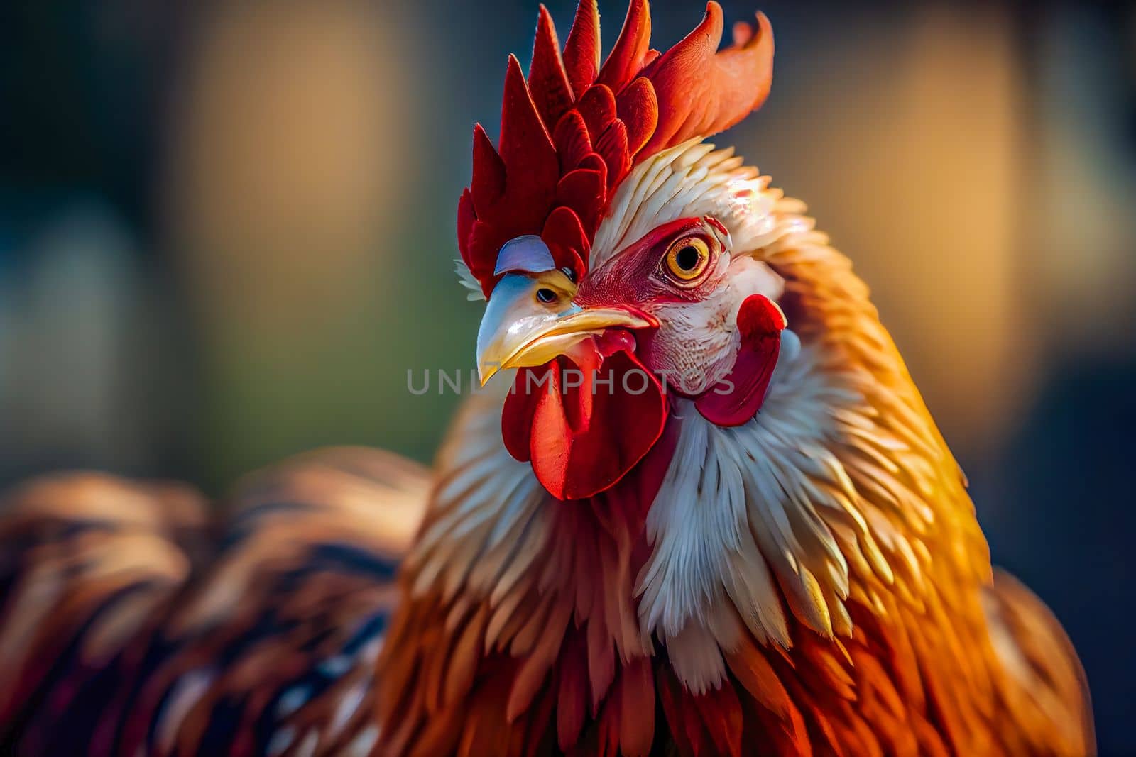 Close up of a chicken on a farm, set against natural background. Perfect for showcasing the simplicity and rustic charm of country life.