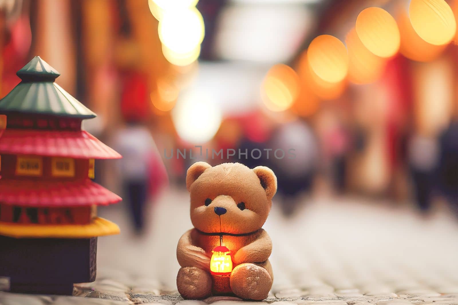 A small brown teddy bear dressed in traditional Chinese New Year clothing, standing against a bokeh background of red and gold decorations. Perfect for illustrating the concept of Chinese New Year.