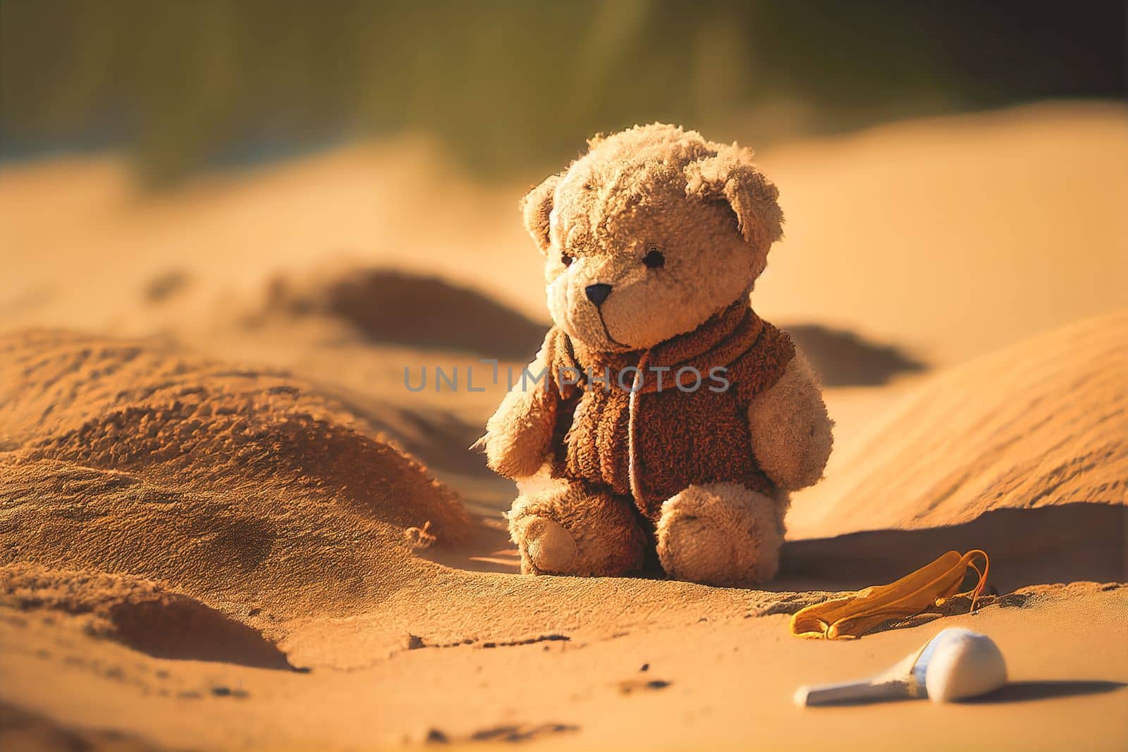 A small brown teddy bear on a sandy beach against a blue ocean and bright sun background. Perfect for evoking feelings of nostalgia, playfulness, and childhood.