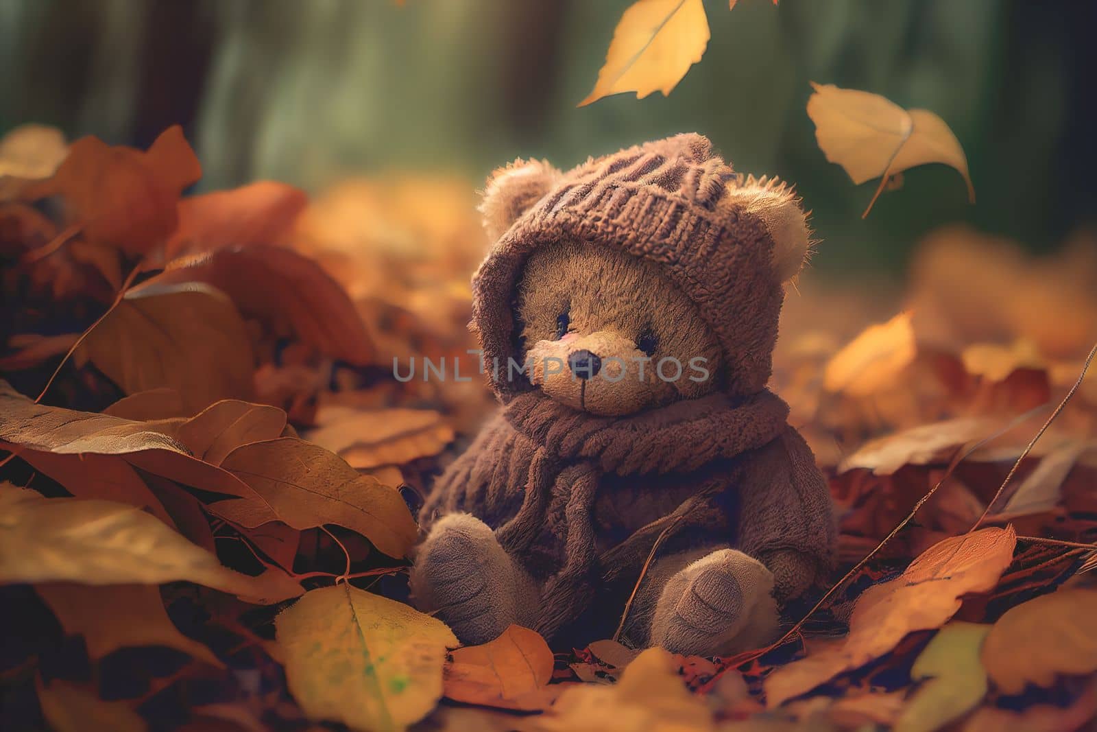 Cute teddy bear with scarf sits on dry orange leaves pile on ground in autumn park on nice sunny day close view. Warm sunny autumn day. 3D illustration