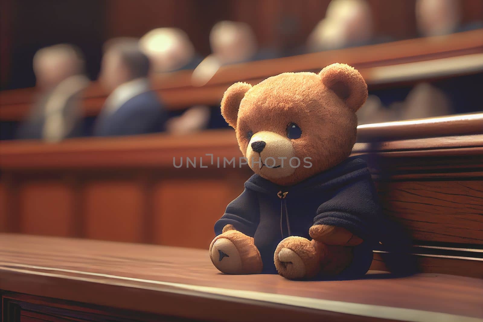 A small brown teddy bear sitting in a courtroom with a blurred background and copy space.