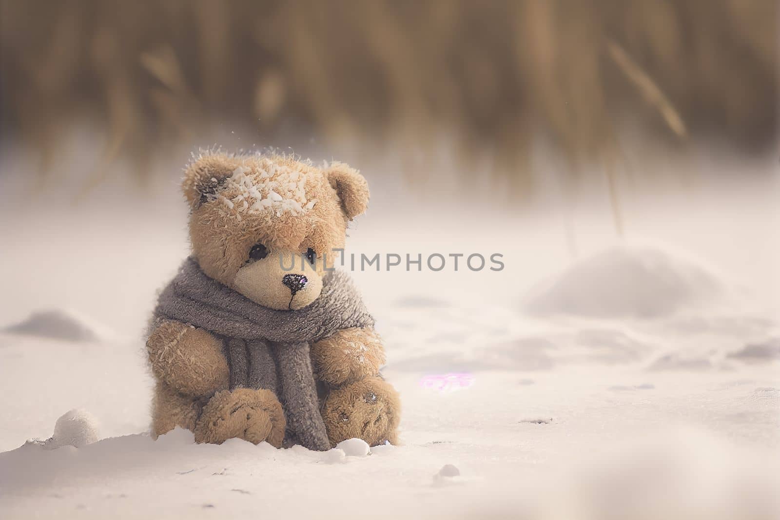 Light brown teddy bear with scarf sitting on white snow. Enjoying cold winter day. 3D illustration