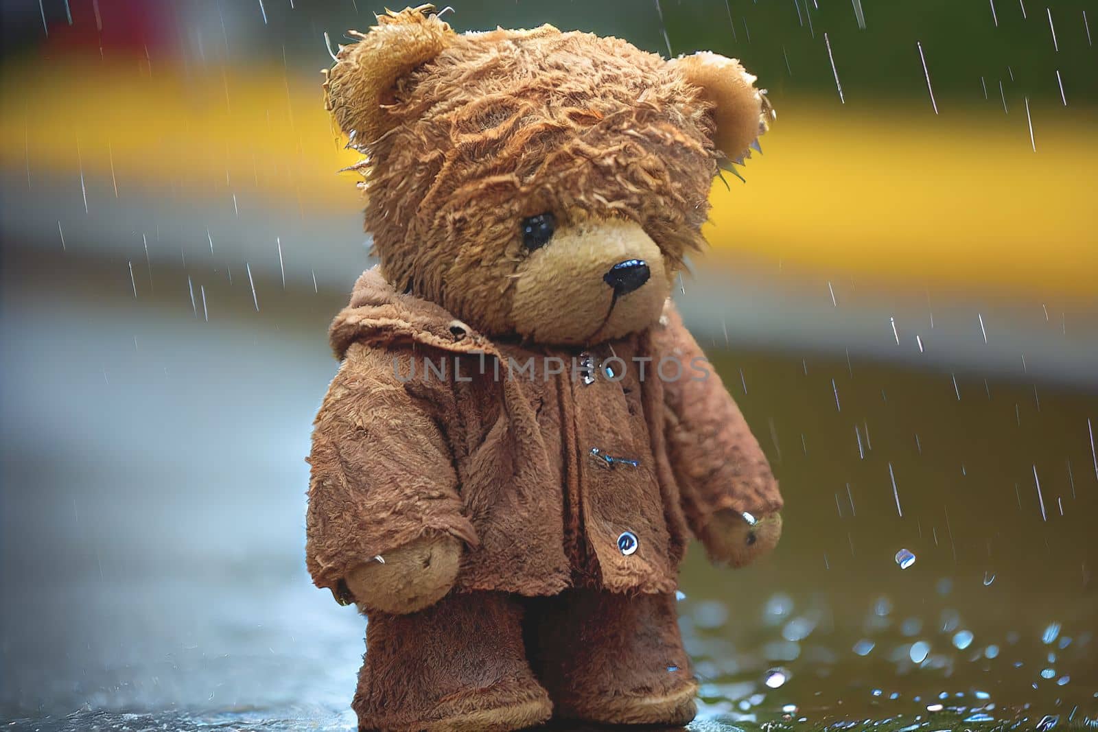 Small brown teddy bear standing in the rain, concept feelings of nostalgia and longing by FokasuArt