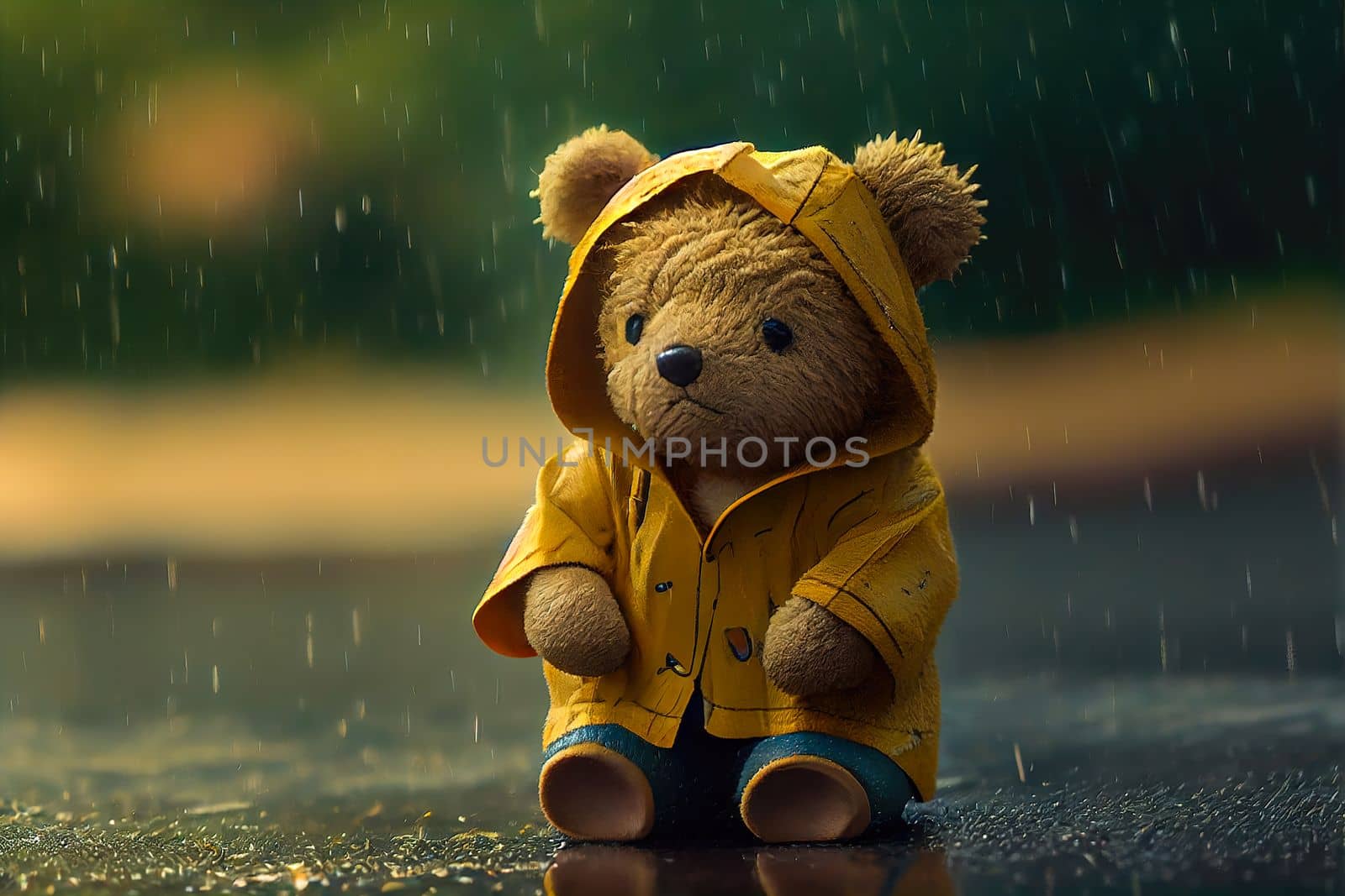 Small brown teddy bear standing in the rain, concept feelings of nostalgia and longing.