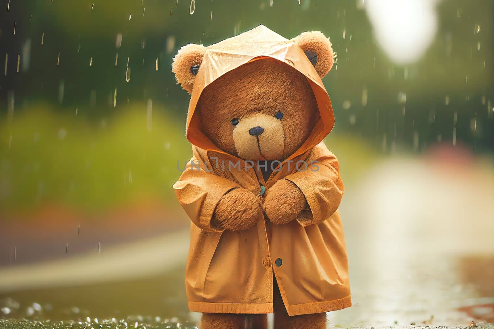 Small brown teddy bear standing in the rain, concept feelings of nostalgia and longing.